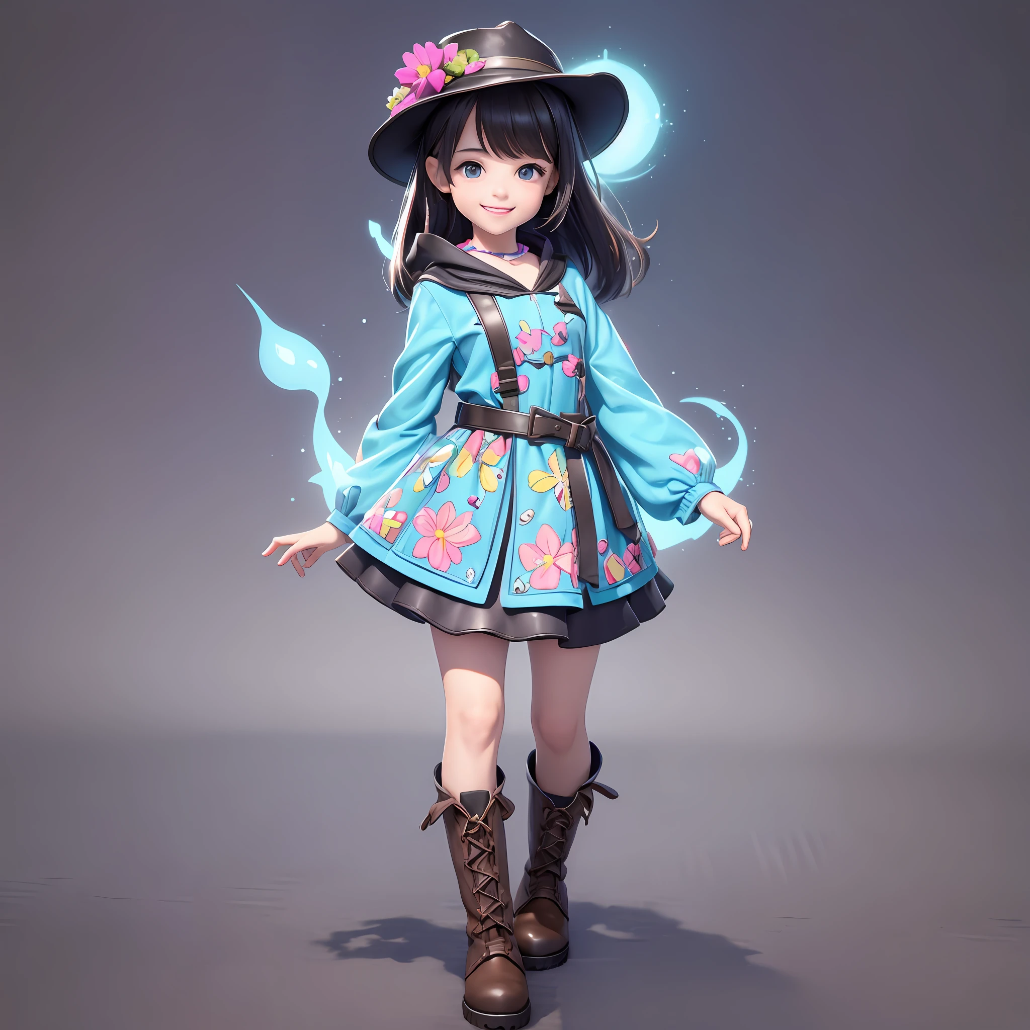 a super cute girl, wearing a floral dress, wearing boots, wearing a hat, black hair, dark brown eyes, big watery eyes, full body, looking at the viewer, smiling, open hands, MD clothes, clothes wrinkles, clean background, dreamy, excited, super cute girl IP by pop mart, high detail, hyper quality, bright color, mockup blind box toy,  disney style, fine brightness, 3d render, oc render, best quality, bright, front lighting, face shot, thin brightness, ultra detoiled, 8k, --auto --s2