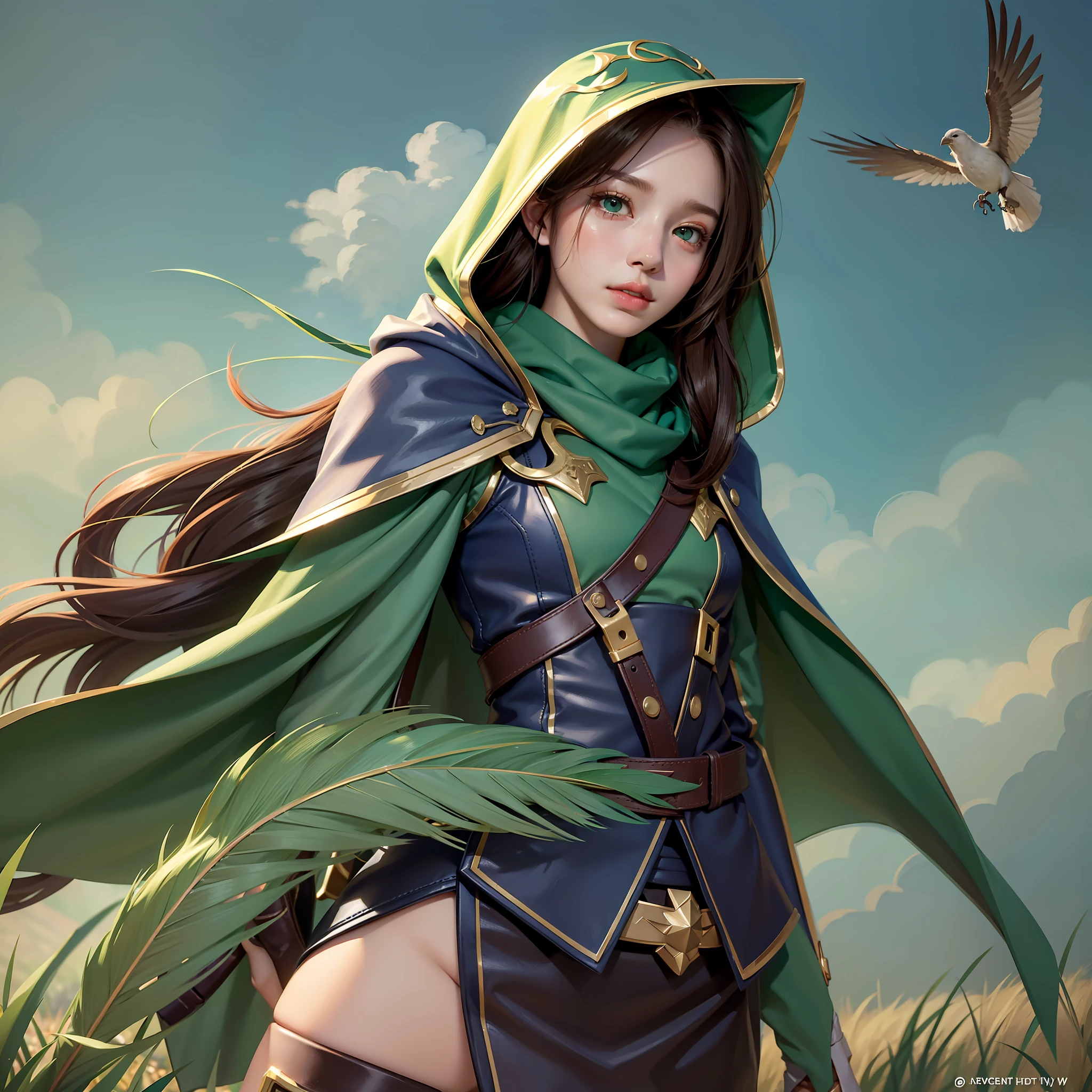 Grass, Sky, Field, League of Legends, 1girl, elf, druid, animal ears, bandage legs, long legs, bandage, bandage, bird legs, bird skull, cape, shut up, ears by headdress, eyes visible through hair, facial drawings, feathers, hood, hooded cape, long hair, brown green eyes, red hair, armor, blue scarf, scarf, scarf, scarf long hair, hooded scarf, green clothes, leather armor, nose ring, nostrils, backpack