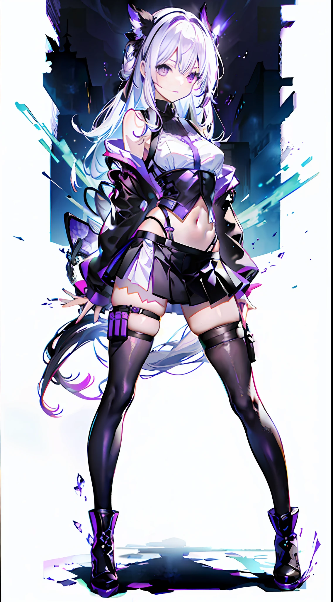 1 girl, white hair, purple eyes, all black, long hair, tactical vest, cute face, solo, loli face, solo, Illustrations, loli face, pleated skirt, {{{full body}}}}, black boots, small and medium breasts, dynamic pose, lace-up panties, cute girl, black silk, character setting drawing, {{{tachi-e}}}, official art, original, sexy, erotic clothing, simple background, slim body, purple theme, standing painting, tachie, black boot, Full body, navel, short top, slim