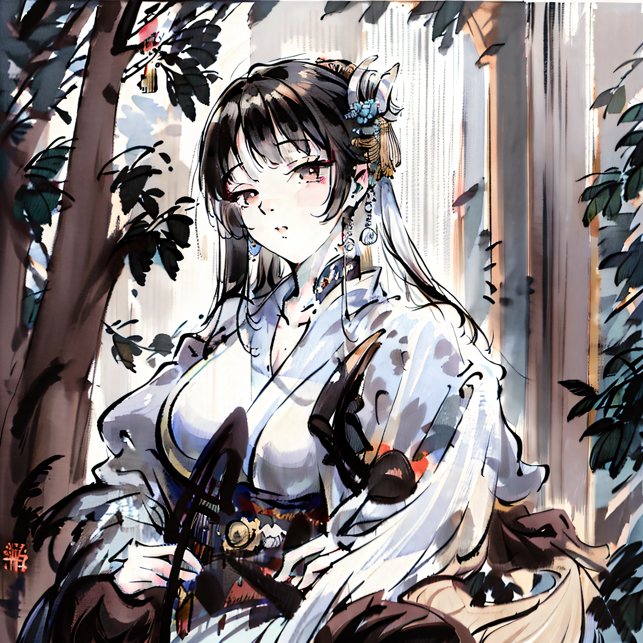 Antique Style Chivalry Chinese Style Beautiful woman in white gauze Hanfu holding a sword fighting Ink style Hanfu Chinese painting ink style