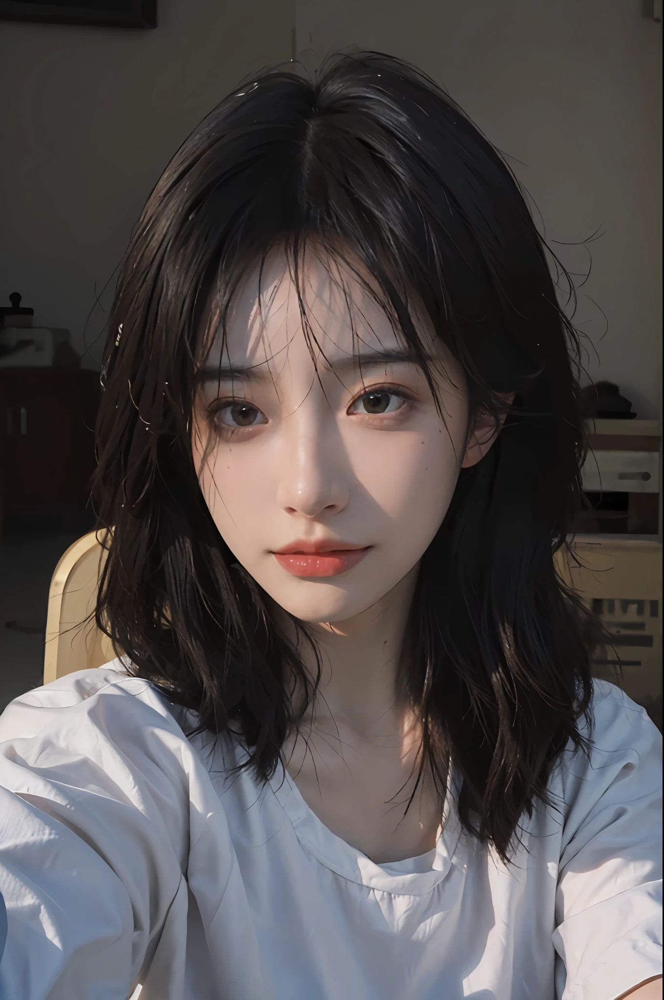 8K, Best Quality, Masterpiece, Ultra High Resolution, (Realism: 1.4), Original Photo, (Realistic Skin Texture: 1.3), (Film Grain: 1.3), (Selfie Angle), 1 Girl, Beautiful Eyes and Face Details, Masterpiece, Best Quality, Close-up, Upper Body, Looking at the Viewer
