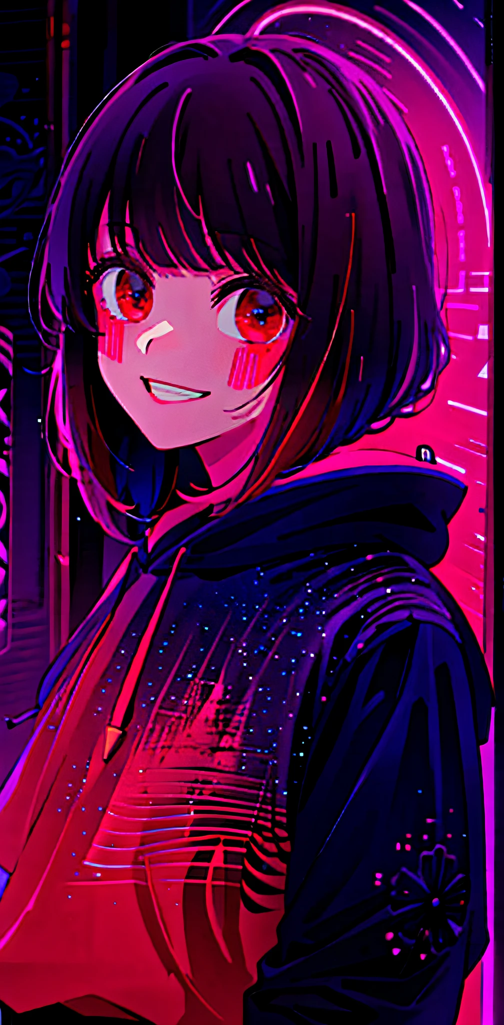 detailed background, masterpiece, best quality, smile, ornament, hoodie, portrait, neon red, graffiti, dark, night, glowing eyes, blacklight