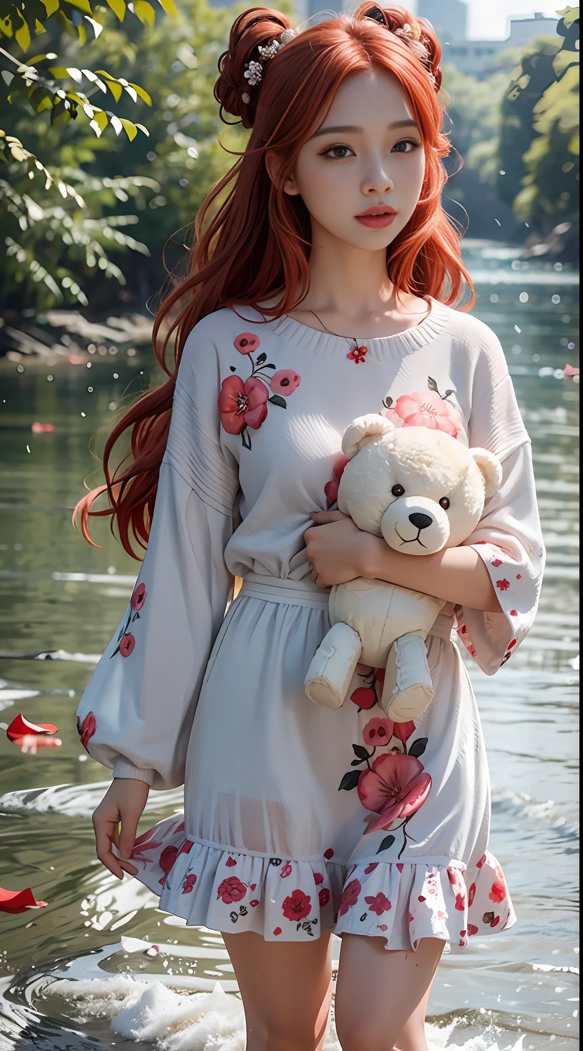 1 girl walking on the river, mix 4, sweater, pillow, lips, open_mouth, realism, photo_\(medium), solo, stuffed_animal, stuffed_toy, teddy_bear, (masterpiece), (realistic: 1.3), ultra detail, (high detail skin: 1.2), (best quality: 1.0), (ultra high resolution: 1.0), (ulzzang-6500:0.3), Wavy details red hair, long hair, sunlight, (beautiful detail makeup), floral theme petals scattered, (soft glow flood: 0.5), full body, full body photo