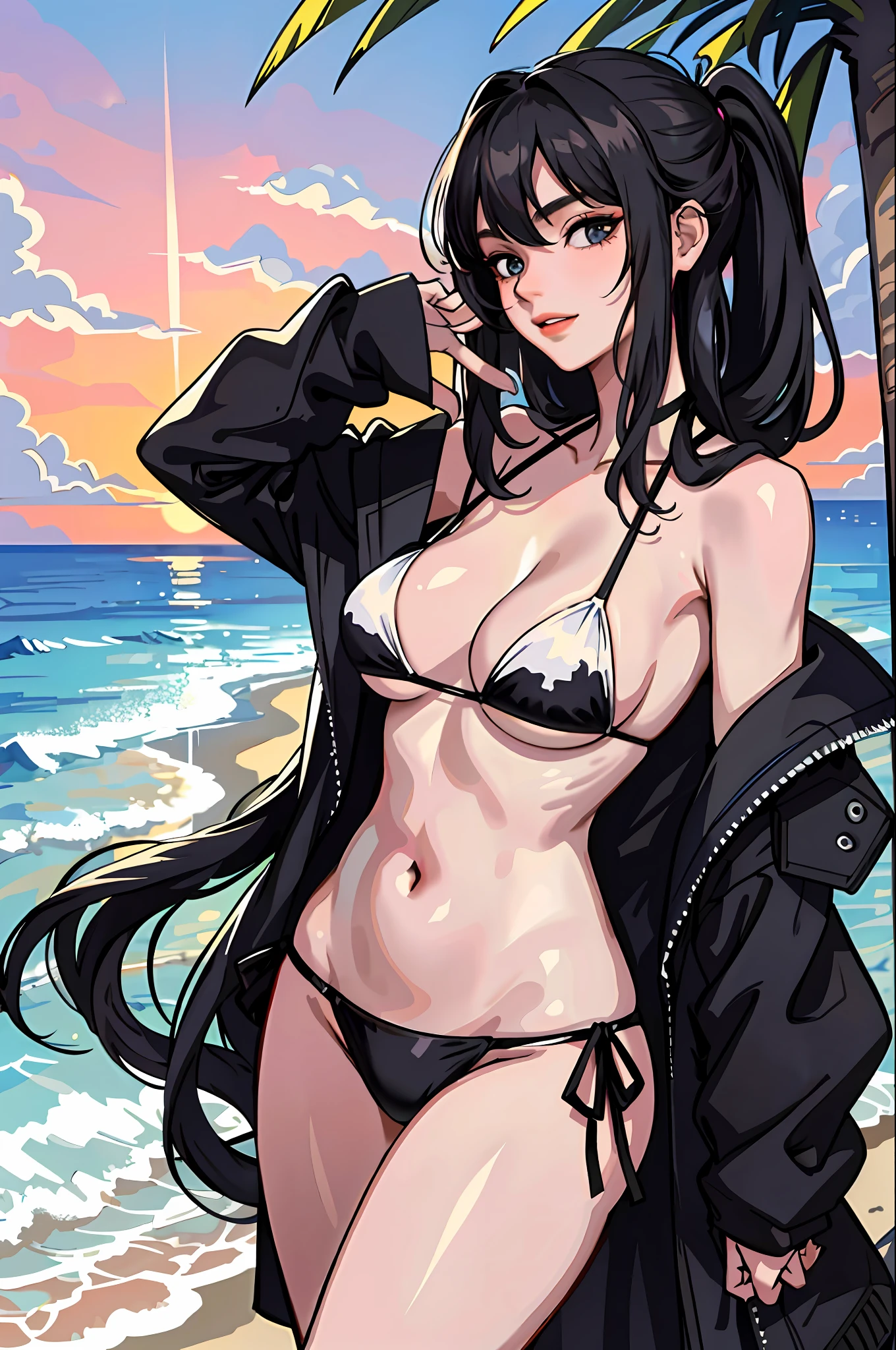 (Masterpiece: 1.2, Best Quality), (1 Lady, Solo, Upper Body: 1.2), Hair: Black Long Hair, Clothing: White Micro Bikini, Hanging Out on the Beach at Dusk, Rubbing Your Breasts