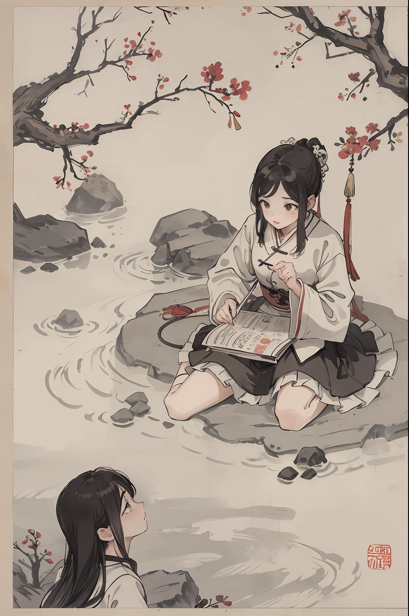 (masterpiece, best quality: 1.2), traditional Chinese ink painting, two children