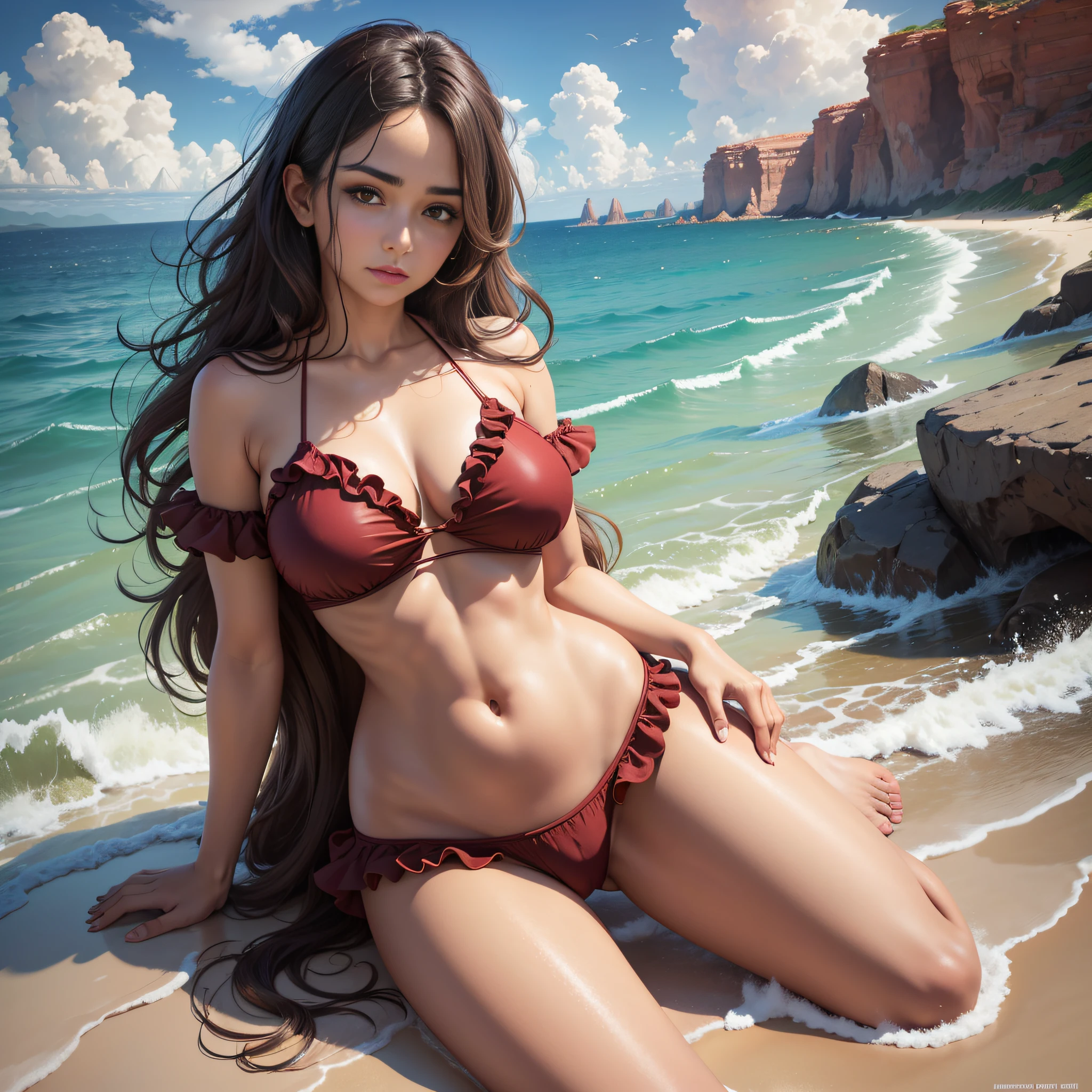 brown adult woman, amber eyes, medium wavy hair of dark brown color, soft smile, wearing a bikini with ruffles of red color, with bare feet, in front of the sea, perfect body and without deformations, on the face, legs, fingers, hair and body, with breasts of large size and rounded, without any kind of drink glass next to her, Surrealism, Hyperrealism, first-person view, 8k, high quality, high details, anatomically correct