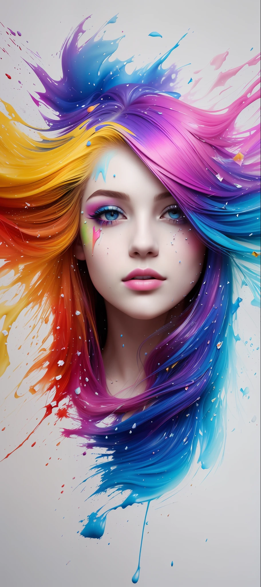 (level difference: 1.8),(Painting colliding and splashing on canvas),(depth of field),1the girl's side face blends into it,(side face),open mouth,(rainbow hair liquid paint:1.1) made of paint and defies gravity, thick flow, (ink splashes: 1.3), liquid state, gorgeous, masterpiece, detailed background, high quality model, Ethereal background, abstract beauty, explosive volume, oil painting, heavy brushstrokes, romantic lighting, sub-surface Scattering, lens 135mm, f1.8, brightness, 8k, high resolution, dreamy, ray tracing, hdr, divine rays, white background, t-shirt design, centered