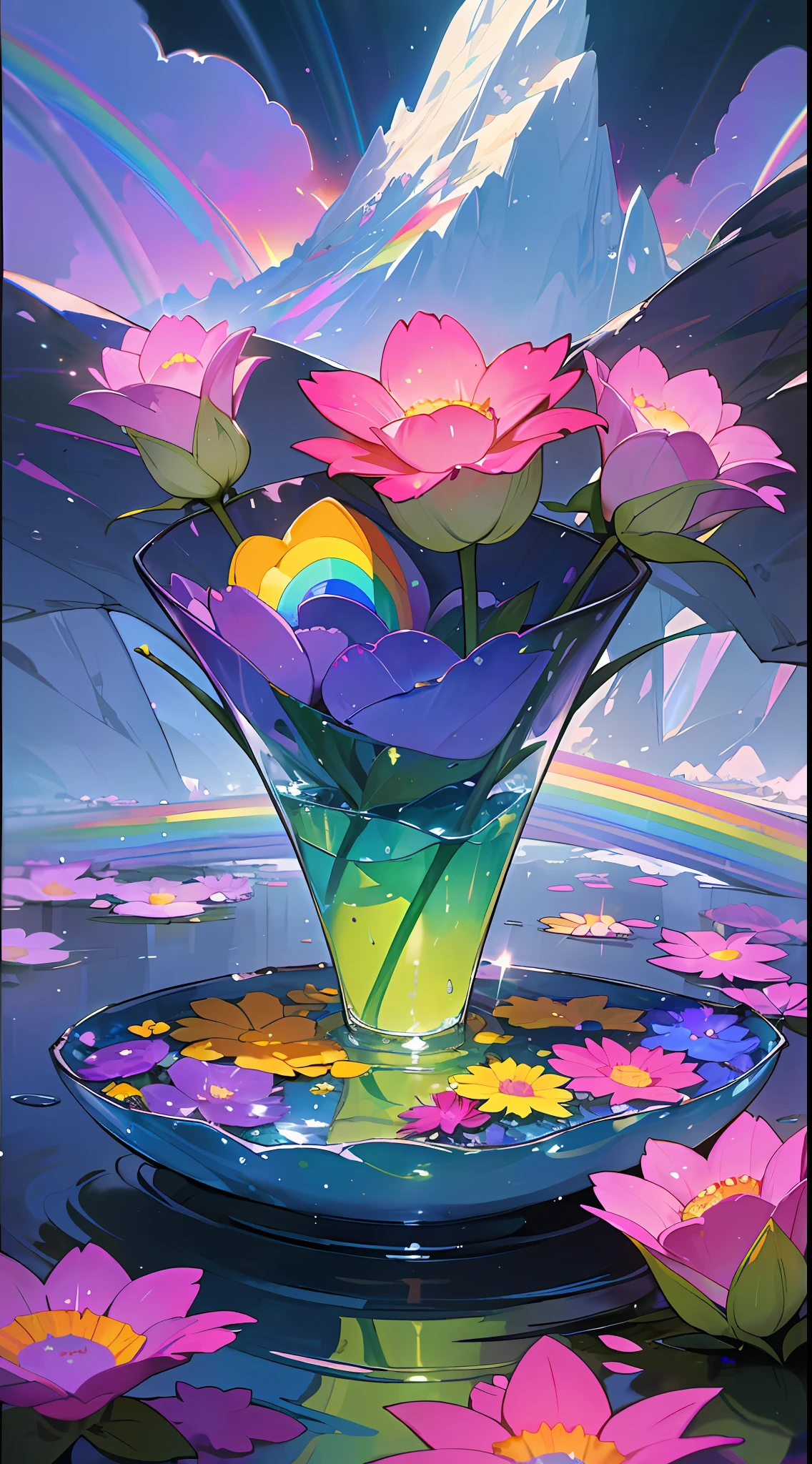 masterpiece, absurdres, flowers in the foreground with a very closeup detailed flower made out of glass, surreal atmosphere, water reflecting rainbow-like light, water in the background with a mountain in the far background, eyegasm, colorful at places, immensely breathtaking