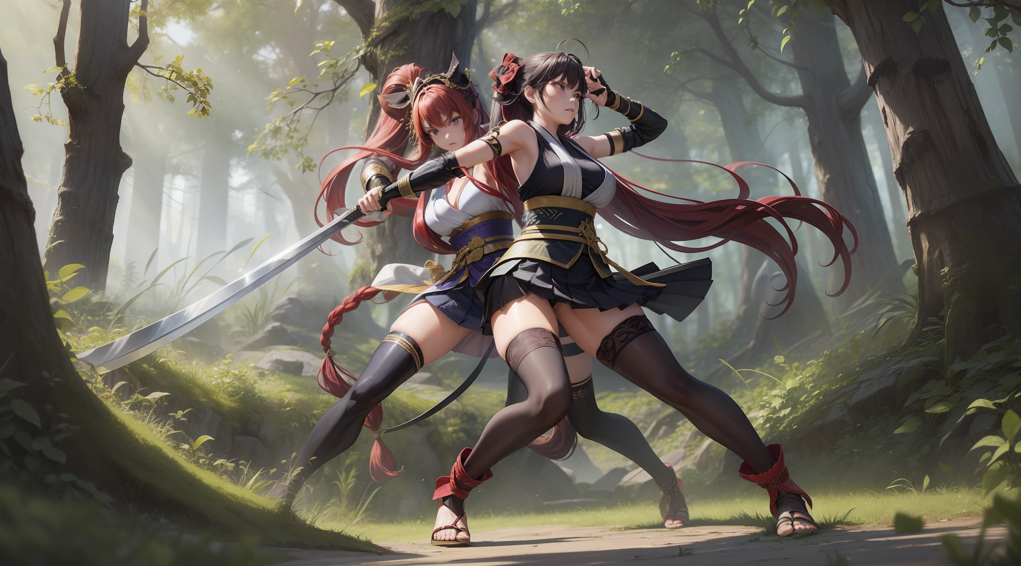 Full body shot of two adult females locked in an intense battle, wielding swords with deadly intent. Their long loose hairstyles whip around them as they clash in traditional sleeveless kimonos, cinched at the back hip by striking obis. The fighters are adorned with black long gloves at their two hands, pleated skirts, and black thigh highs at their two legs. The battle takes place in a dense and lush forest.