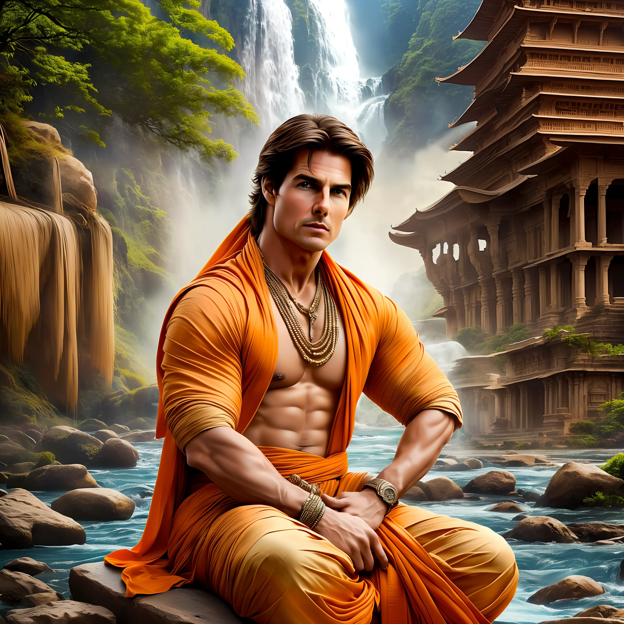 8k High revolution ultra detailed,Tom cruise,big hair , orange dhoti,prey of God, sitting, temple,a river, Tom cruise as an Indian --auto --s2