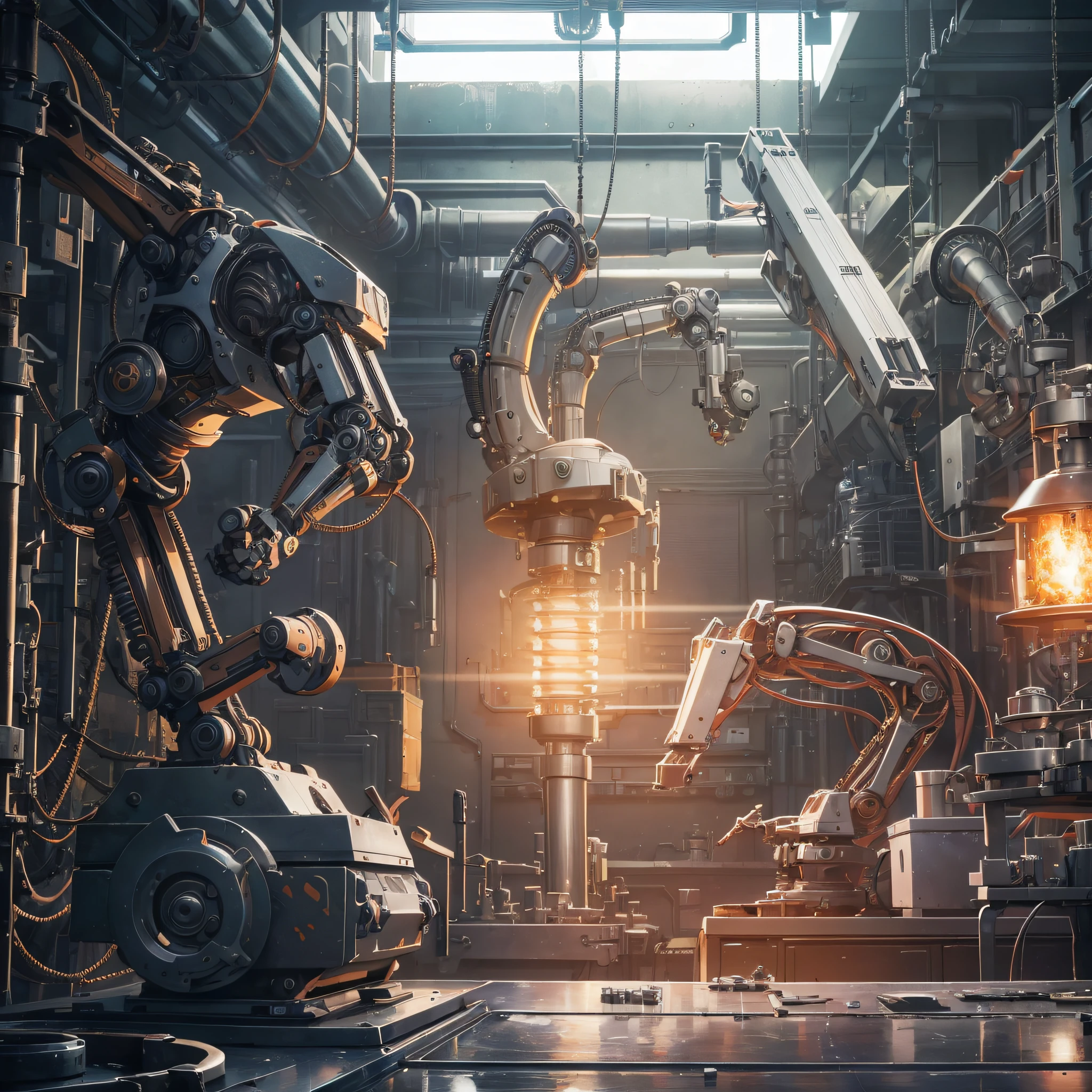 There are three robotic arms on the scientific mechanical workbench (with Mechanical Technology Factory 1.5 in the background) (masterpiece: 1.3) with an unbeatable masterpiece, surreal 8K, perfect artwork, super detail, best quality, masterpiece 4K wallpaper aesthetics, masterpiece, award-winning artwork, official art