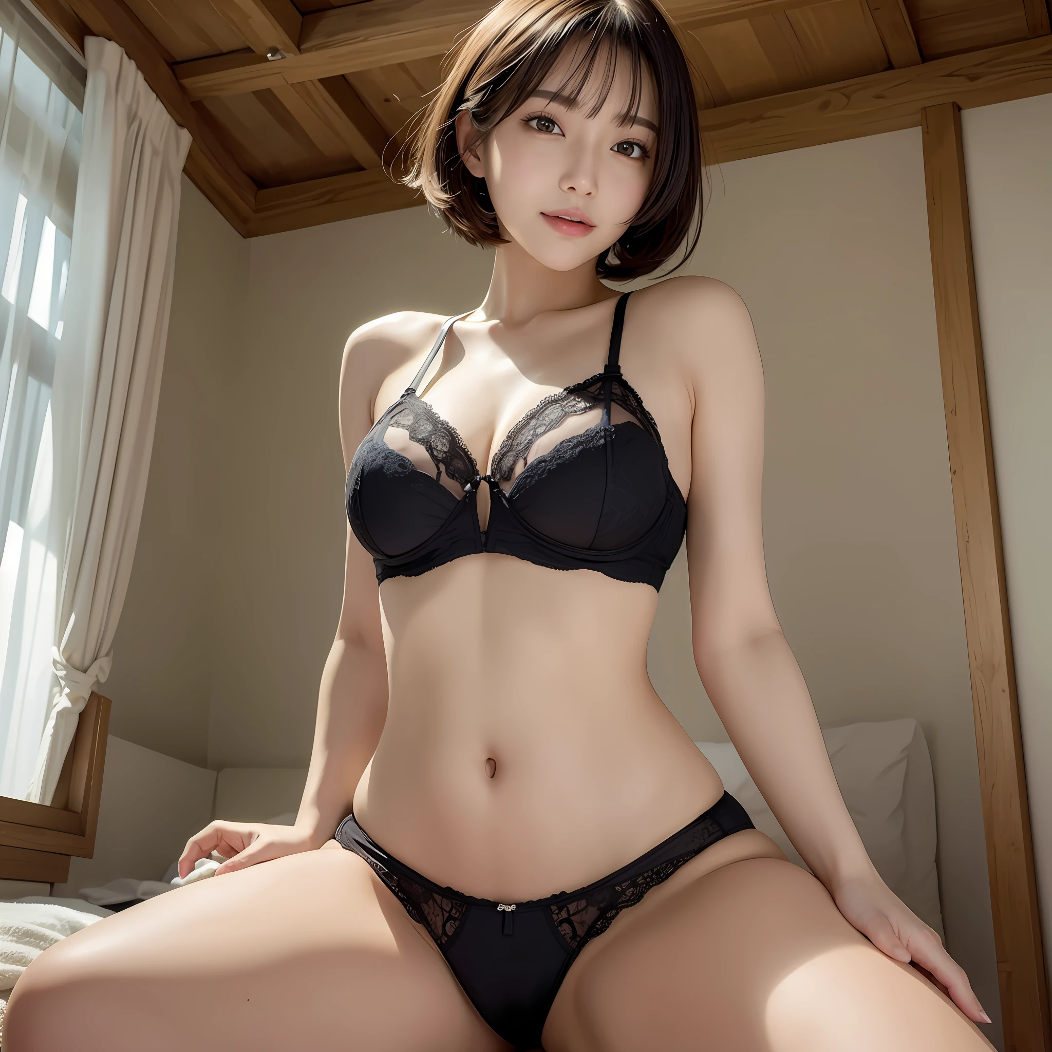 masterpiece, top quality, 8K, realistic photo, minuscule underwear, open legs, navel,, {bright skin}, yellow eyes, slightly larger breasts, shiny skin, focus, evil smile, black hair, short hair, anime color, bedroom, sitting, mini skirt