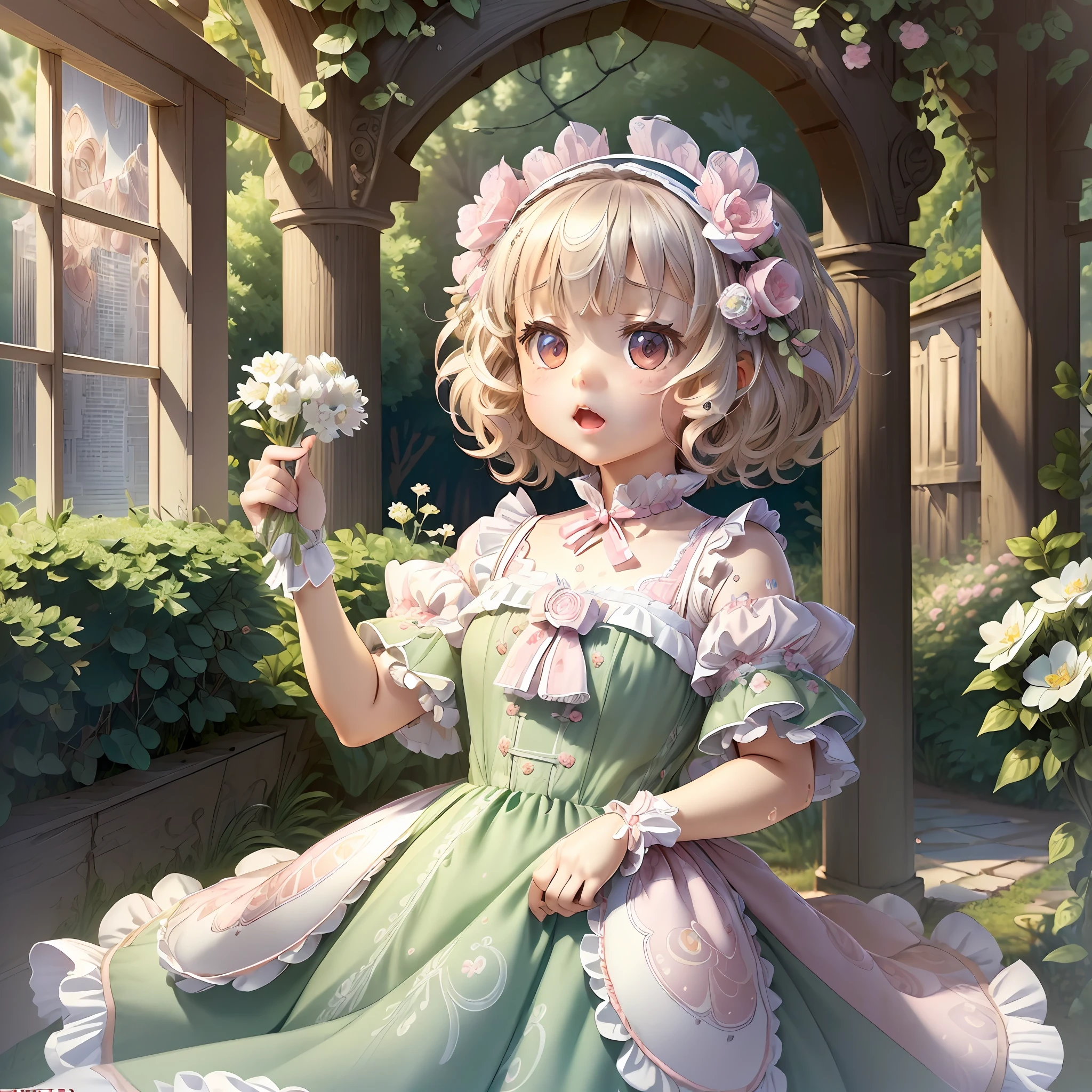 (masterpiece:1.2), (artwork:1.3), (amazing art:1.4), (best illustrator artist:1.3), (best luminosity), (best ultra-detailed, ultra-realistic, ultra-illustrated graphic:1.5), (chibi-cute+kawaii style:1.5) (kawaii cute best), (cute kawaii:1.2) 0.3), a cute little girl with short blonde hair, bright bright pearly pearly blue eyes bioluminescent luminecent, wearing a cute pink dress with fluffy ruffles,  in one (extremely detailed CG unit wallpaper:1.8), of a very beautiful garden with amazing flowers in a beautiful and well-illustrated painting, cinematic lighting of cinema studios Paramount and Wit. 0.8]