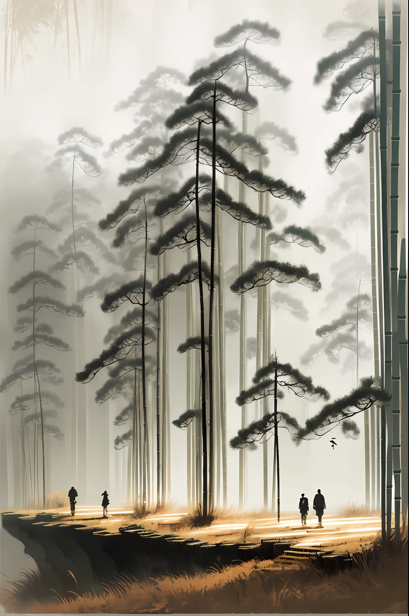 RAW, Masterpiece, Ultra Fine Photo,, Best Quality, Ultra High Resolution,thick bamboo forest, arashiyama bamboo forest, Sagano Bamboo Forest, stefan koidl inspired, bussiere rutkowski andreas rocha,  inspired by Tomasz Jedruszek, inspired by Golden Pavilion, dark cinematic concept art, eerie nostalgic concept art, inspired by Igor Kieryluk, inspired by Ismail Inceoglu,