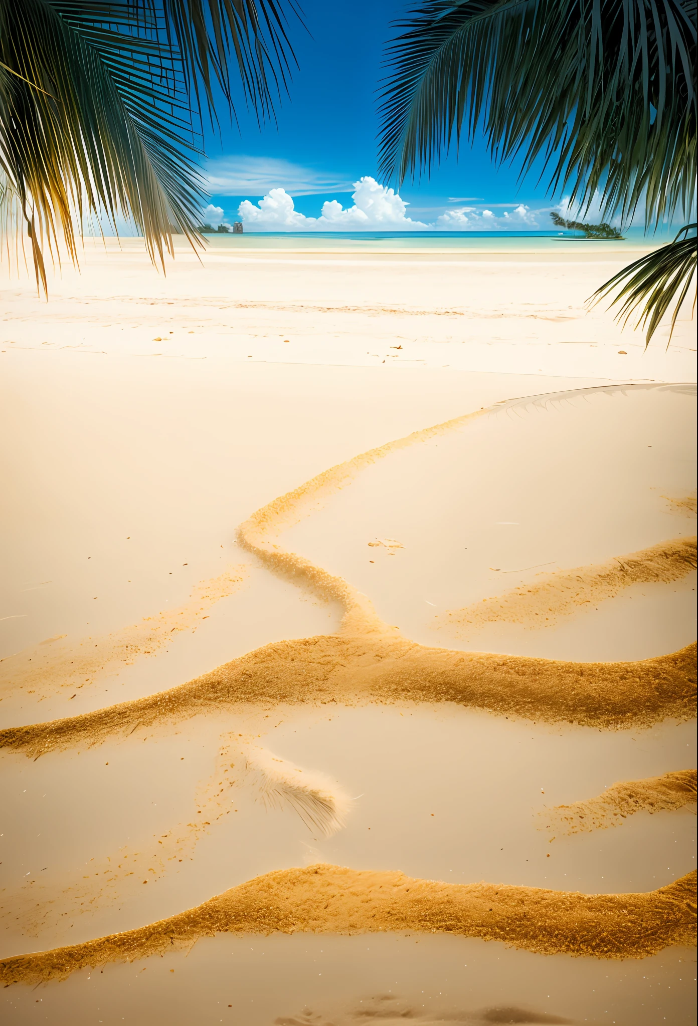 a view of a sandy beach with palm trees and the ocean, beach background, sand and sea, carribean white sand, beach sand background, palm leaves on the beach, white sand beach, white sand, seaside backgroud, beach aesthetic, breezy background, tropical beach, white sandy beach, deserted sand, at a tropical beach, beautiful beach, extremely detailed sand