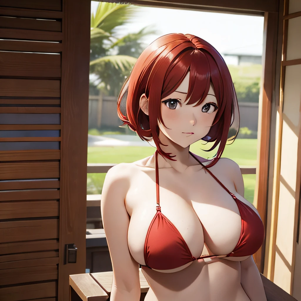 short, hentai, girl, red hair, big boobs, bikini --auto --s2