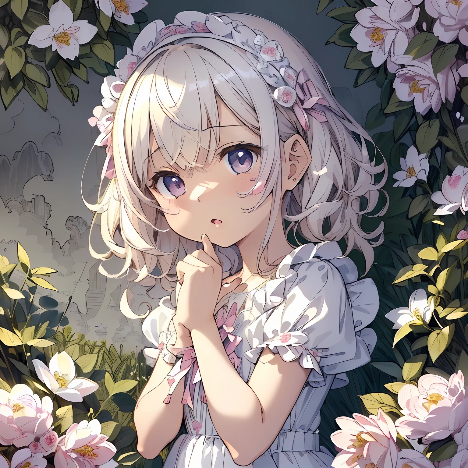 (masterpiece:1.2), (artwork:1.3), (amazing art:1.4), (best illustrator artist:1.3), (best luminosity), (best ultra-detailed, ultra-realistic, ultra-illustrated graphic:1.5), (chibi-cute+kawaii style:1.5) (kawaii cute best), (cute kawaii:1.2) 0.3), a cute little girl with short blonde hair, bright bright pearly pearly blue eyes bioluminescent luminecent, wearing a cute pink dress with fluffy ruffles,  in one (extremely detailed CG unit wallpaper:1.8), of a very beautiful garden with amazing flowers in a beautiful and well-illustrated painting, cinematic lighting of cinema studios Paramount and Wit. 0.8]