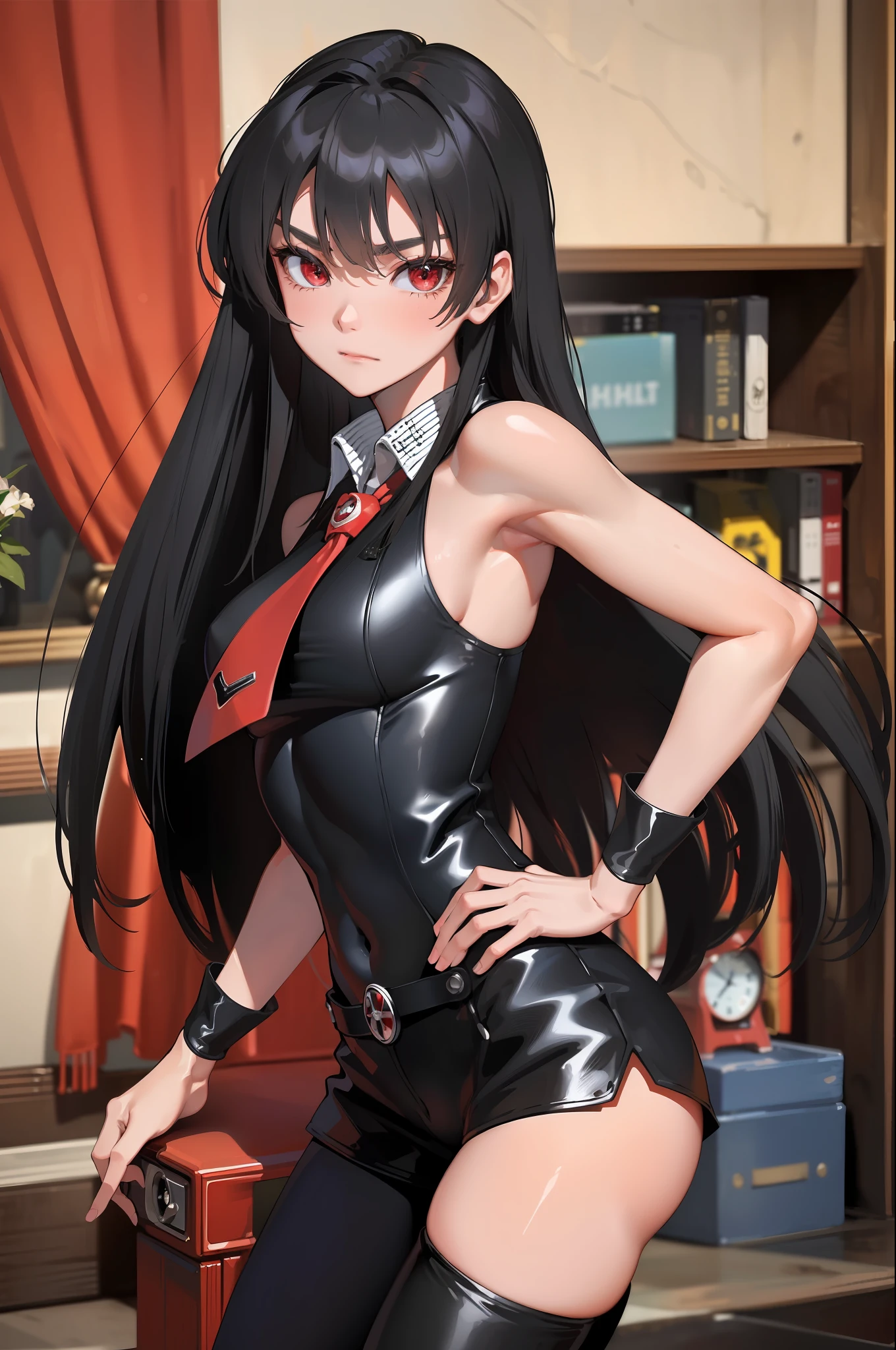 (masterpiece, best quality:1.2), cowboy shot, solo, 1girl, akame \(akame ga kill!\), expressionless, closed mouth, look at the viewer, black bodysuit, leggings, red tie, sleeveless, ass, wide hips, erotica