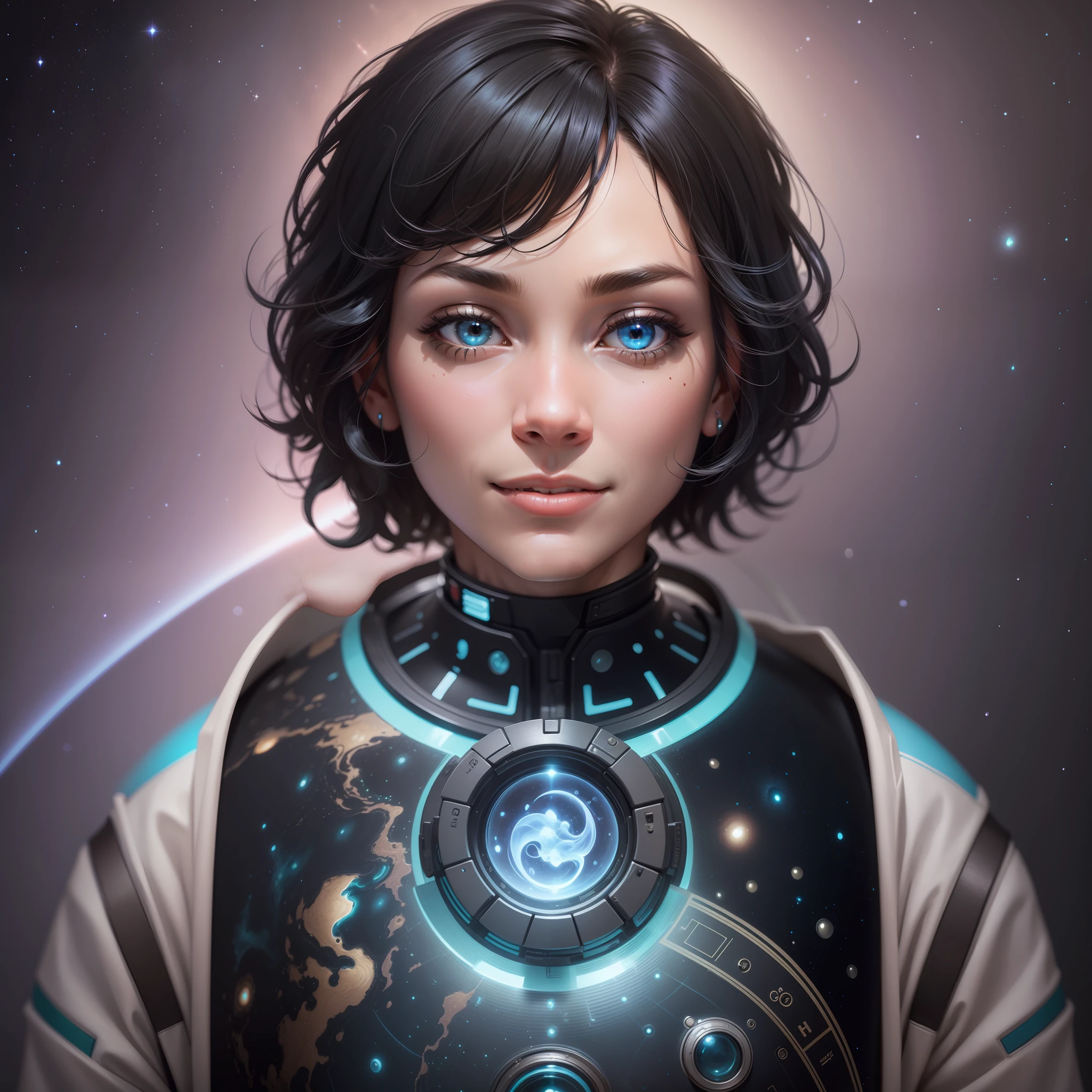 a men of 40 yr old smiling with a very short black hair wearing a spacesuit, happines moment, aura, detailed , detailed face, detailed skin, front , cover, unzoom, choker, ultrarealistic photorealistic, 8k, artstation hyperdetailed painting, luminism, Bar lighting, complex,Artgerm, WLOP, fractal isometrics details bioluminescens : a stunning realistic photograph 30 years