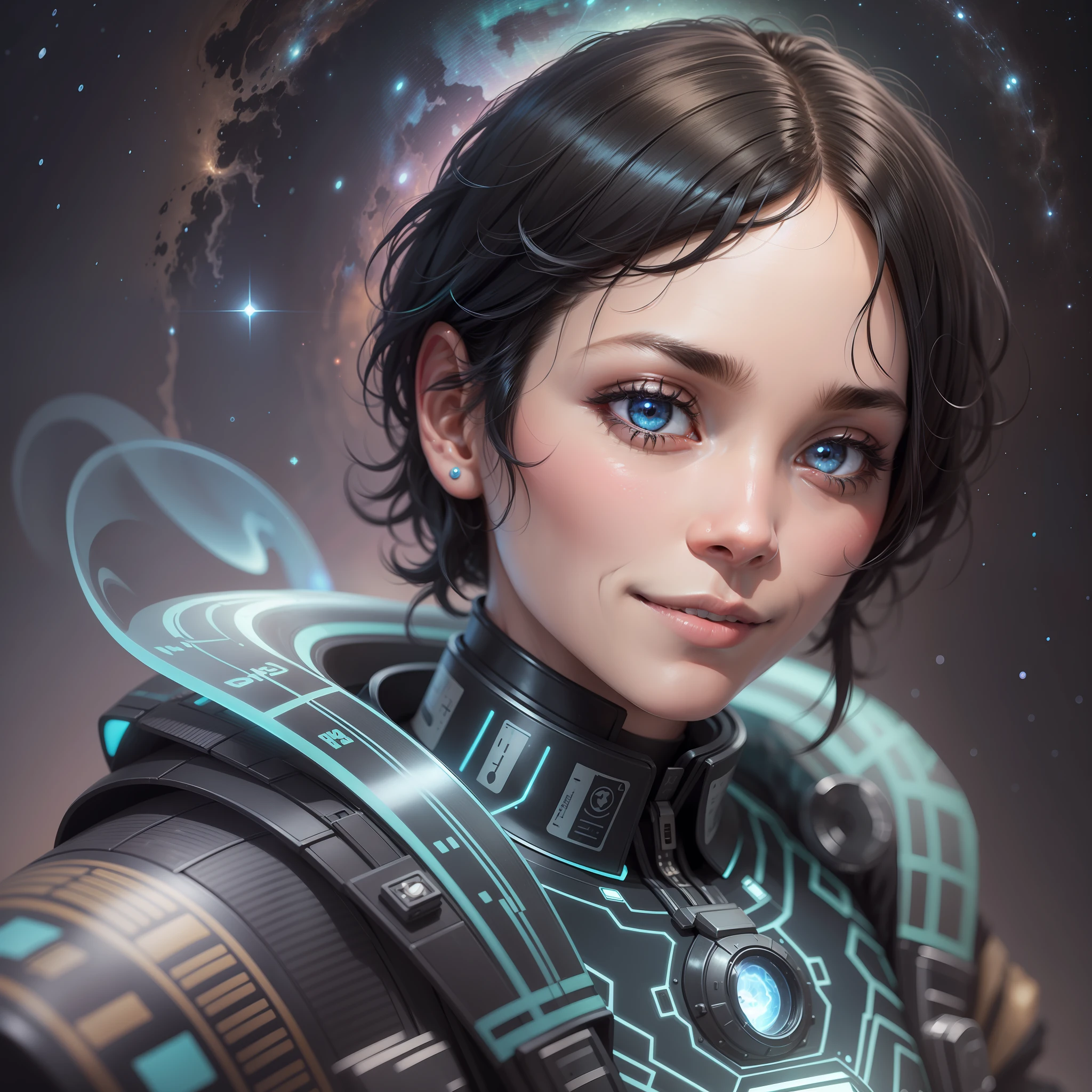 a men of 40 yr old smiling with a very short black hair wearing a spacesuit, happines moment, aura, detailed , detailed face, detailed skin, front , cover, unzoom, choker, ultrarealistic photorealistic, 8k, artstation hyperdetailed painting, luminism, Bar lighting, complex,Artgerm, WLOP, fractal isometrics details bioluminescens : a stunning realistic photograph 30 years