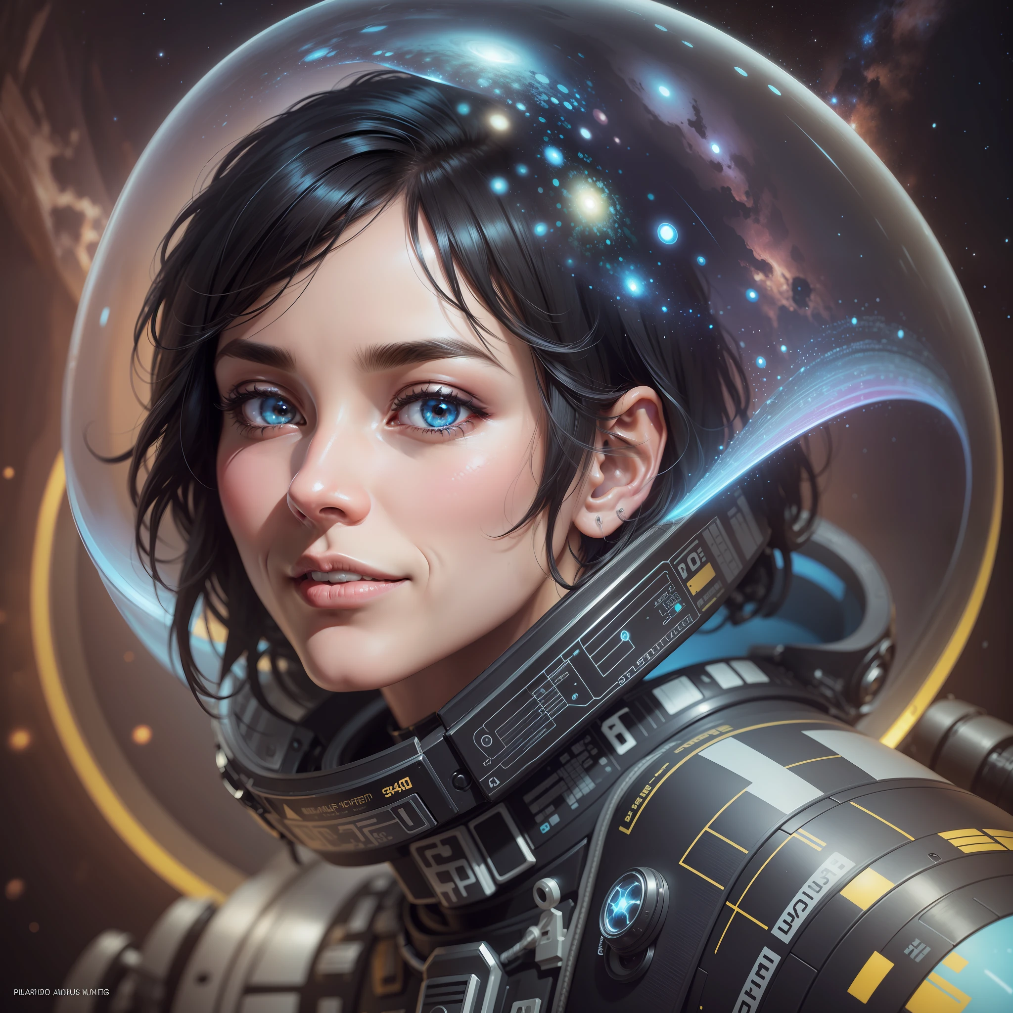 a men of 40 yr old smiling with a very short black hair wearing a spacesuit, happines moment, aura, detailed , detailed face, detailed skin, front , cover, unzoom, choker, ultrarealistic photorealistic, 8k, artstation hyperdetailed painting, luminism, Bar lighting, complex,Artgerm, WLOP, fractal isometrics details bioluminescens : a stunning realistic photograph 30 years