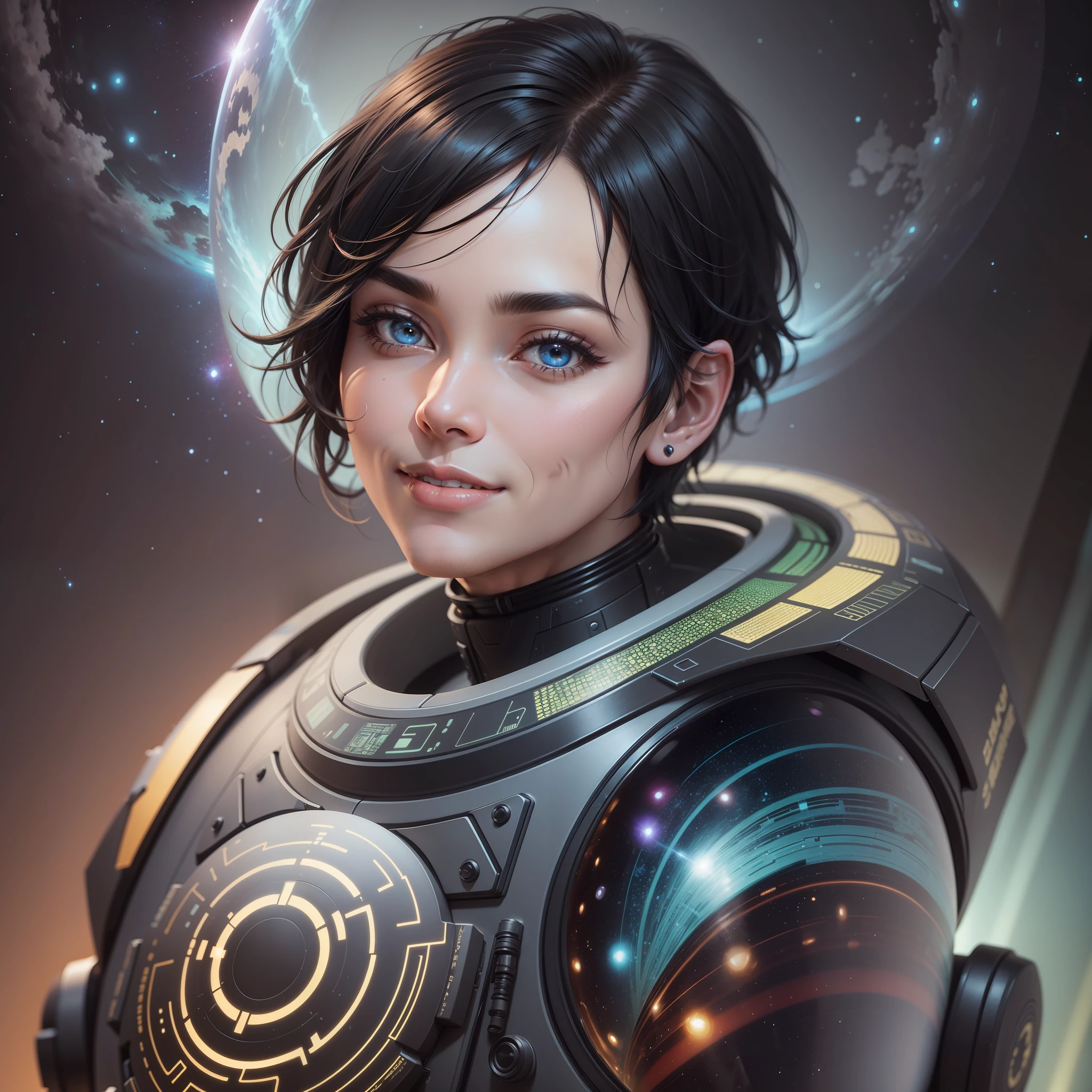 a men of 40 yr old smiling with a very short black hair wearing a spacesuit, happines moment, aura, detailed , detailed face, detailed skin, front , cover, unzoom, choker, ultrarealistic photorealistic, 8k, artstation hyperdetailed painting, luminism, Bar lighting, complex,Artgerm, WLOP, fractal isometrics details bioluminescens : a stunning realistic photograph 30 years