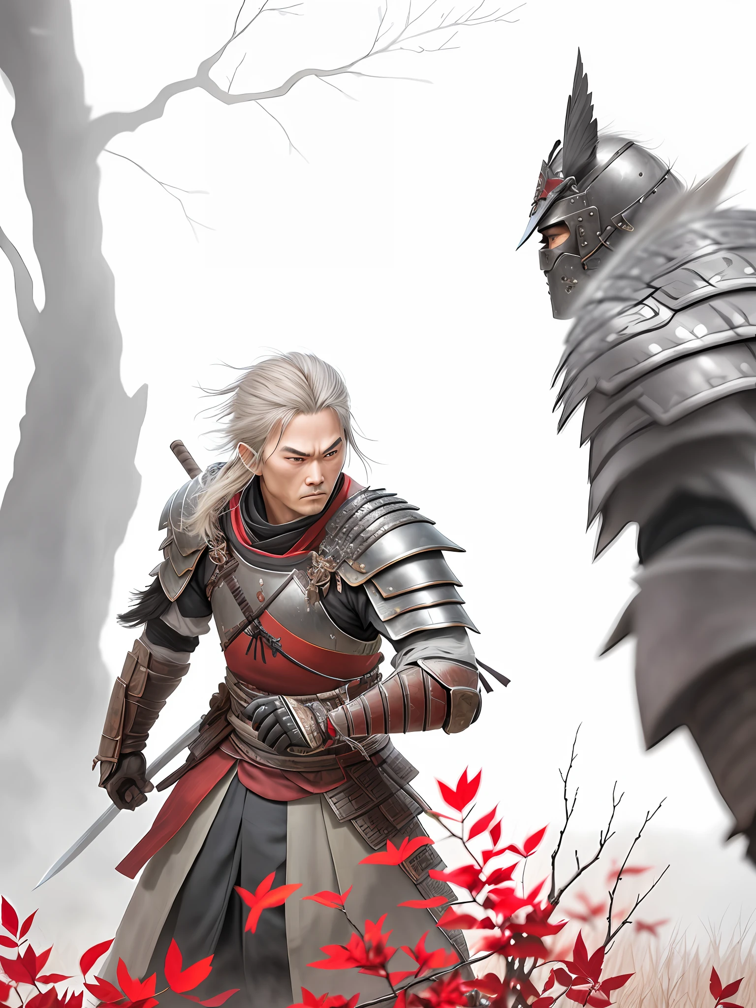 Create a samurai warrior using this photo. Represent a robust but agile warrior with a determined facial expression. Adopt a dress characteristic of the feudal period, adding details such as textured fabrics, armor plates, and a sharp katana. Set in a natural landscape, with fallen leaves, sticks and dry branches on the way. An atmosphere of impending struggle. Subtle reflections of light and shadow. Adjust the physical characteristics of the warrior and other elements of the scene using the available prompt functions.