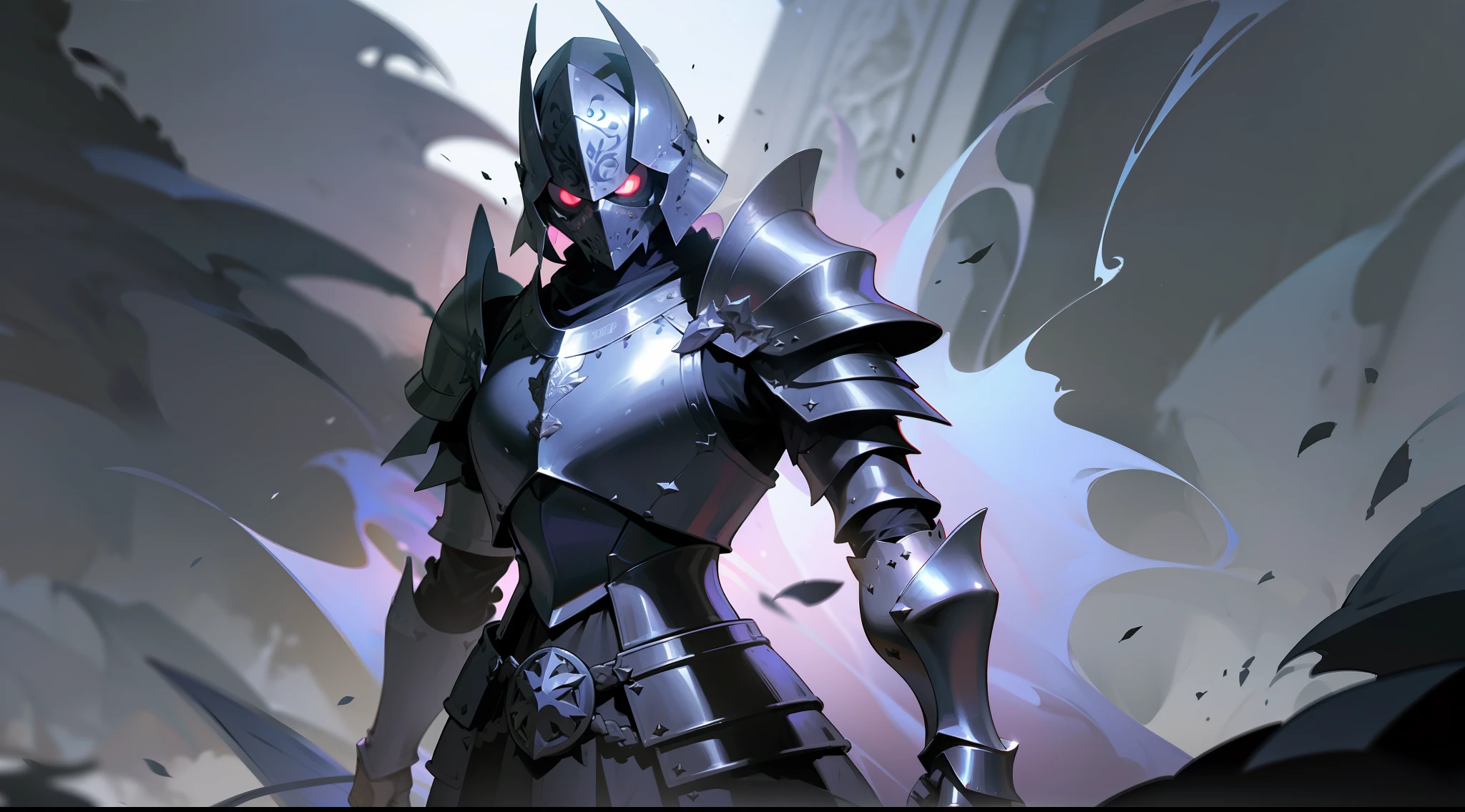 a mad angry medieval dark knight, detailed armor, detailed helmet, detailed large black sword, mystic dark jewels in the armor, cosmic dark hole background, horror, mist, shadowy smoke, dark ambient, dark aura