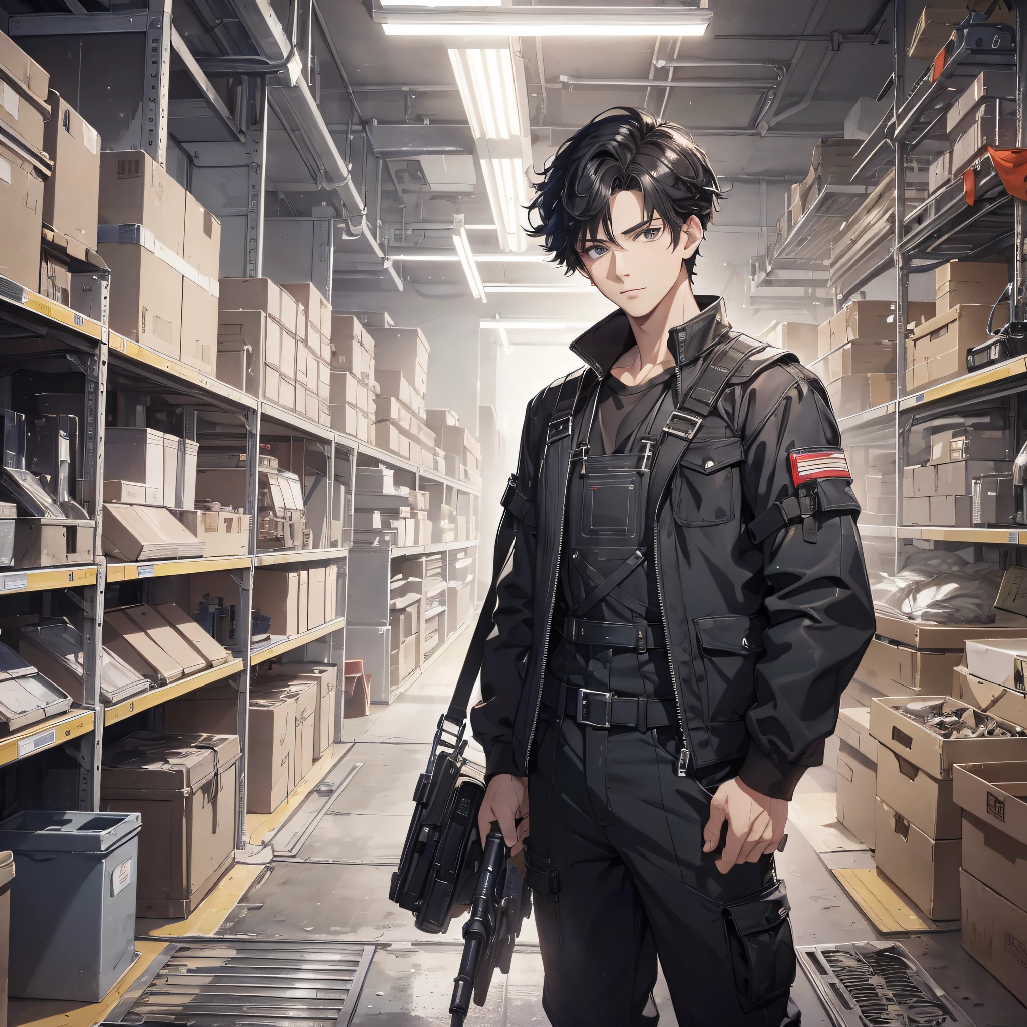 A twenty-year-old male technician in black overalls and short black hair researching instruments in the factory (background is Tech Factory 1.5) (best quality: 1.1) (Vista 1.5) Full body display 1.5 (Top-down view 1.5) (Masterpiece: 1.3) with unparalleled masterpiece, surreal 8K, perfect artwork, super detail, best quality, masterpiece 4K wallpaper aesthetics, masterpiece, award-winning artwork, official art, cinematic lighting (Handsome Young 1.5) (Handsome Guy 1.5)