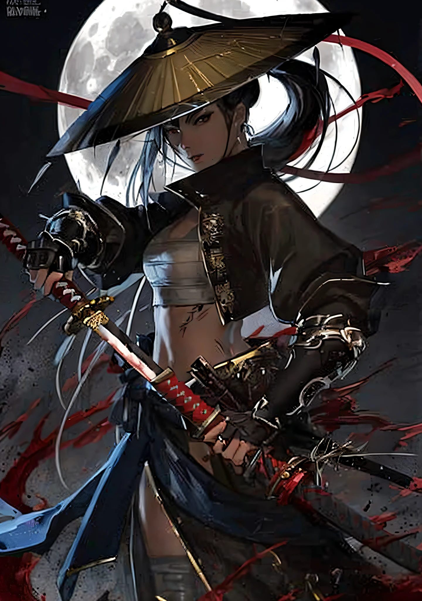 a close up of a person holding a sword in front of a full moon, very beautiful cyberpunk samurai, she is holding a katana sword, inspired by Kanō Hōgai, female samurai, katana, with large sword, demon samurai, from arknights, demon samurai warrior, she is holding a sword, kunoichi, dramatic wielding katana pose, (super huge breast: 1.4)