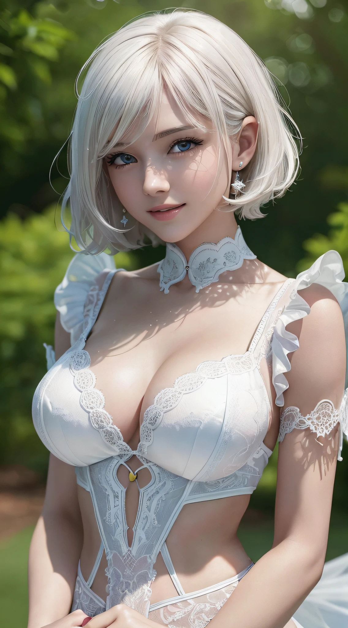 (RAW Photo: 1.2), (Photorealistic: 1.4), (Masterpiece: 1.3), (Best Quality: 1.4), Ultra High Resolution, (Detailed Eye Features), (Detailed Facial Features), (Detailed Clothing Features), HDR, 8k Resolution, Solo Focus, Bangs, Skin Tight, (Glossy Skin), (Slender Beautiful Girl), 18 years old, Check Commentary, Commentary Request, landscape, no letters, bob hair, short hair, white hair, blue eyes, one girl, full body, thighs, thin ankles, red pumps, yellow costume, wedding dress, happiness, smile