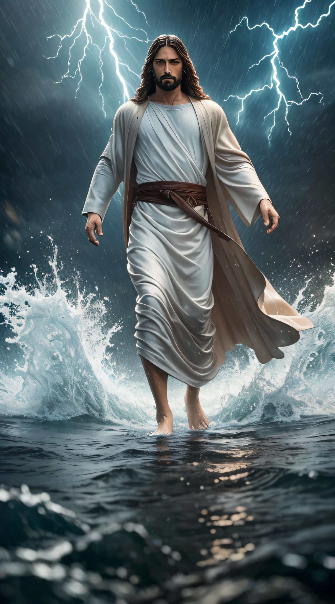 jesus walking on water in a storm, masterpiece, best quality, high quality, extremely detailed CG unit 8k wallpaper, award winning photography, Bokeh, Depth of Field, HDR, bloom, Chromatic aberration, photorealistic, extremely detailed, trending on artstation, trending on CGsociety, intricate, high detail, dramatic, mid-journey art, volumetric lighting