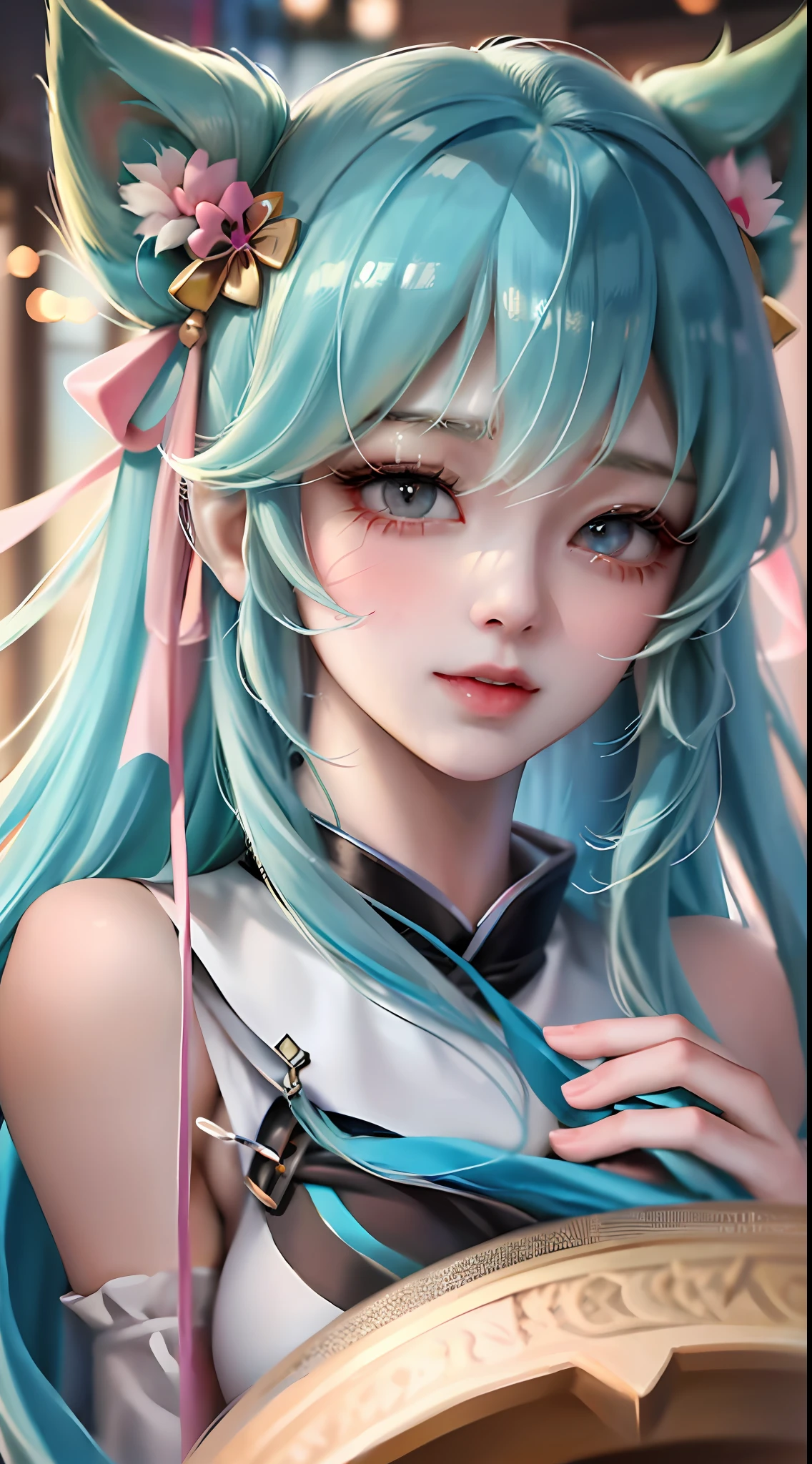 (masterpiece), (best quality), highly detailed, HDR, 1girl, solo focus, skindentation,运动文胸，短裤，连裤丝袜， perfect face, puffy face, beautiful face, big eyes, puffy eyes, perfect eyes, 睫毛，初音未来，极其细致的脸，