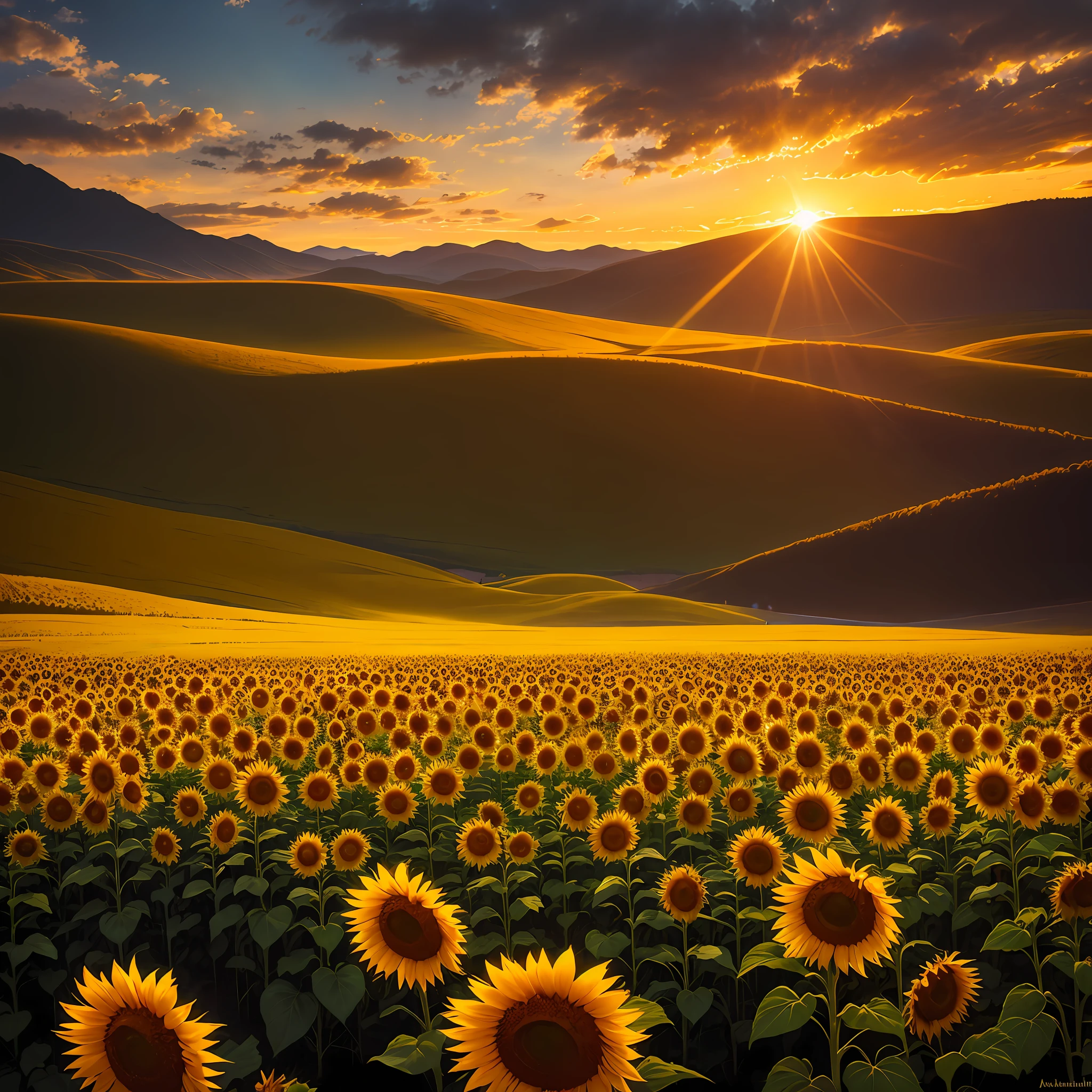 there are many sunflowers in a field with a nightfall in the background, marc adamus, scene: sunflower field, scene : sunflower field, sunflowers, field of sunflowers, sunflower field, colors: yellow sunflowers, colors : yellow sunflowers, golden hour”, fine art print, crystallic sunflowers, national geographic ”, by Marshall Arisman, radiating golden light