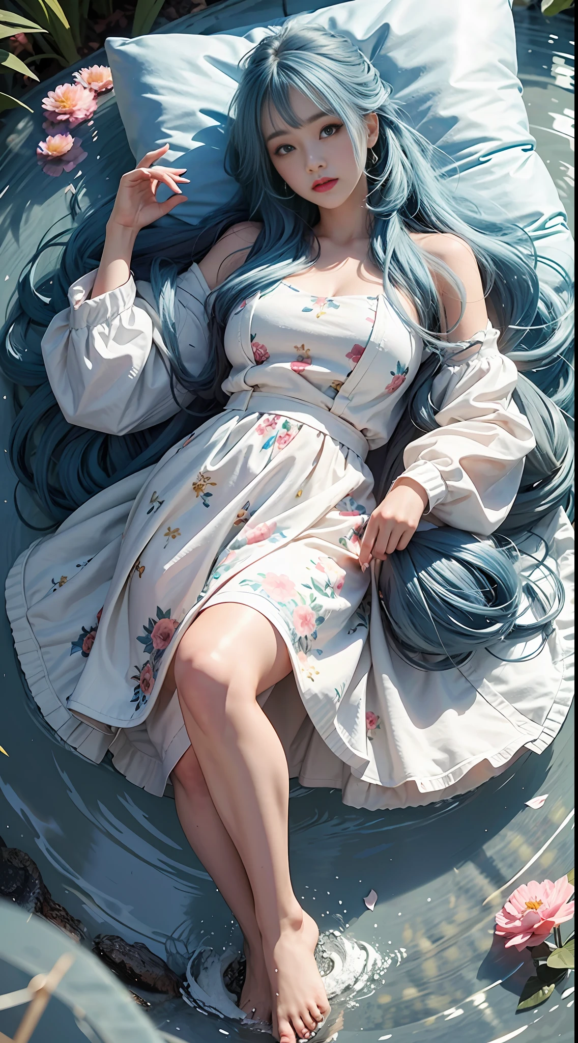 1 girl walking on the river, mix 4, sweater, pillow, lips, open_mouth, realism, photo_\(medium), solo, stuffed_animal, stuffed_toy, teddy_bear, (masterpiece), (realistic: 1.3), ultra detail, (high detail skin: 1.2), (best quality: 1.0), (ultra high resolution: 1.0), (ulzzang-6500:0.3), Wavy details blue hair, long hair, sunlight, (beautiful detail makeup), floral theme petals scattered, (soft glow flood: 0.5), full body, full body photo