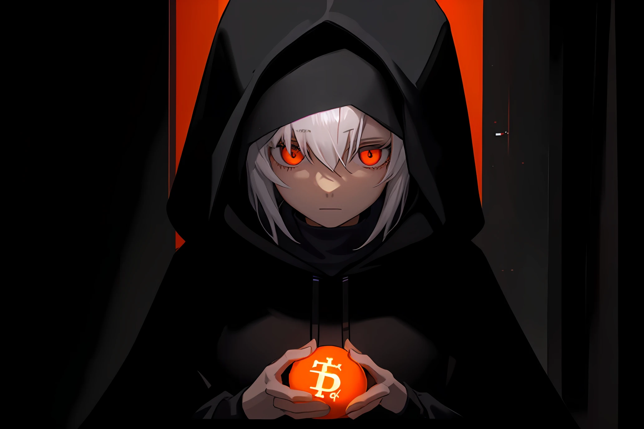 Create a hooded woman in a dark room with orange balls around representing the bitcoin network, and with the dollar collapsing