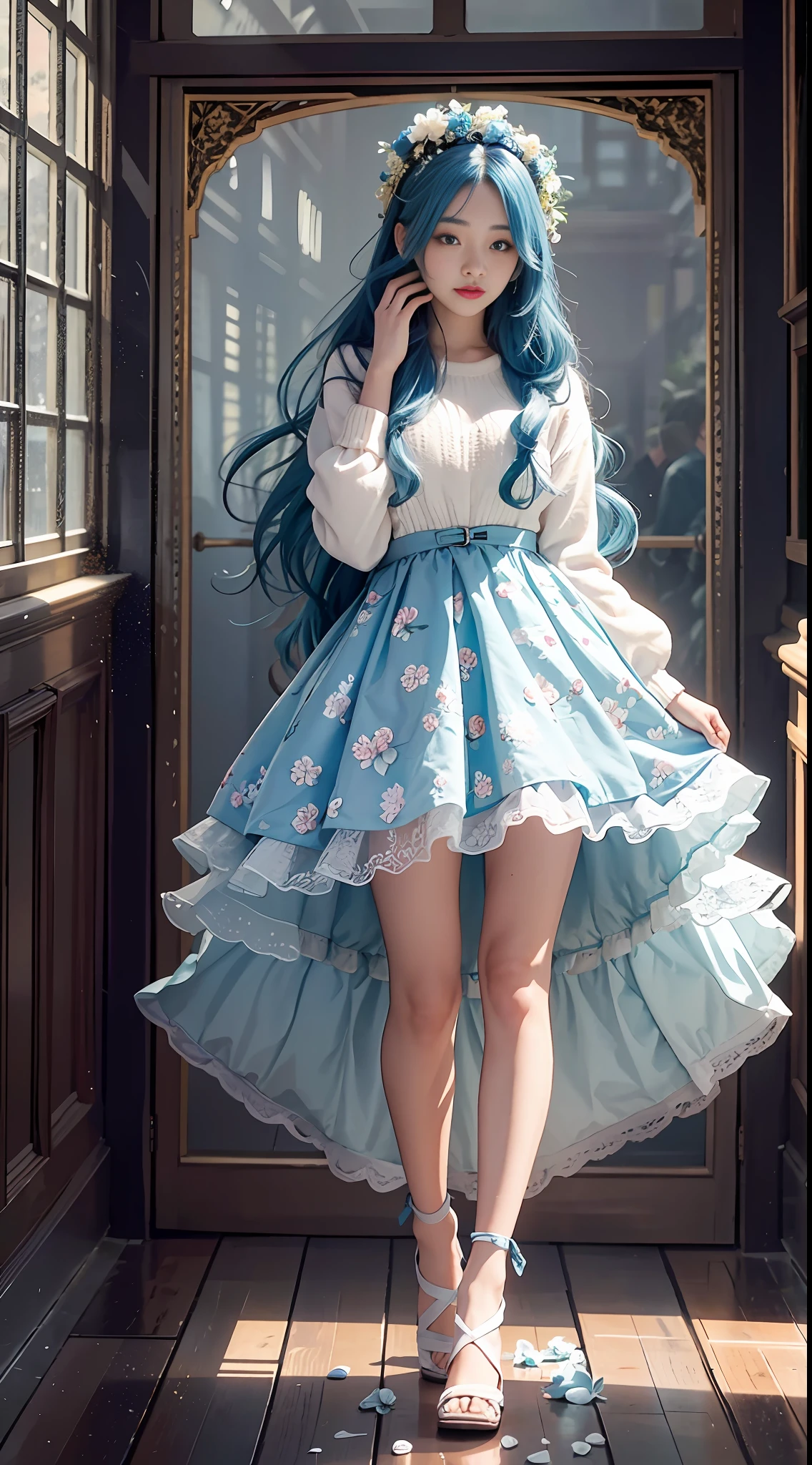 1 girl walking on the river, mix 4, sweater, pillow, lips, open_mouth, realism, photo_\(medium), solo, stuffed_animal, stuffed_toy, teddy_bear, (masterpiece), (realistic: 1.3), ultra detail, (high detail skin: 1.2), (best quality: 1.0), (ultra high resolution: 1.0), (ulzzang-6500:0.3), Wavy details blue hair, long hair, sunlight, (beautiful detail makeup), floral theme petals scattered, (soft glow flood: 0.5), full body, full body photo