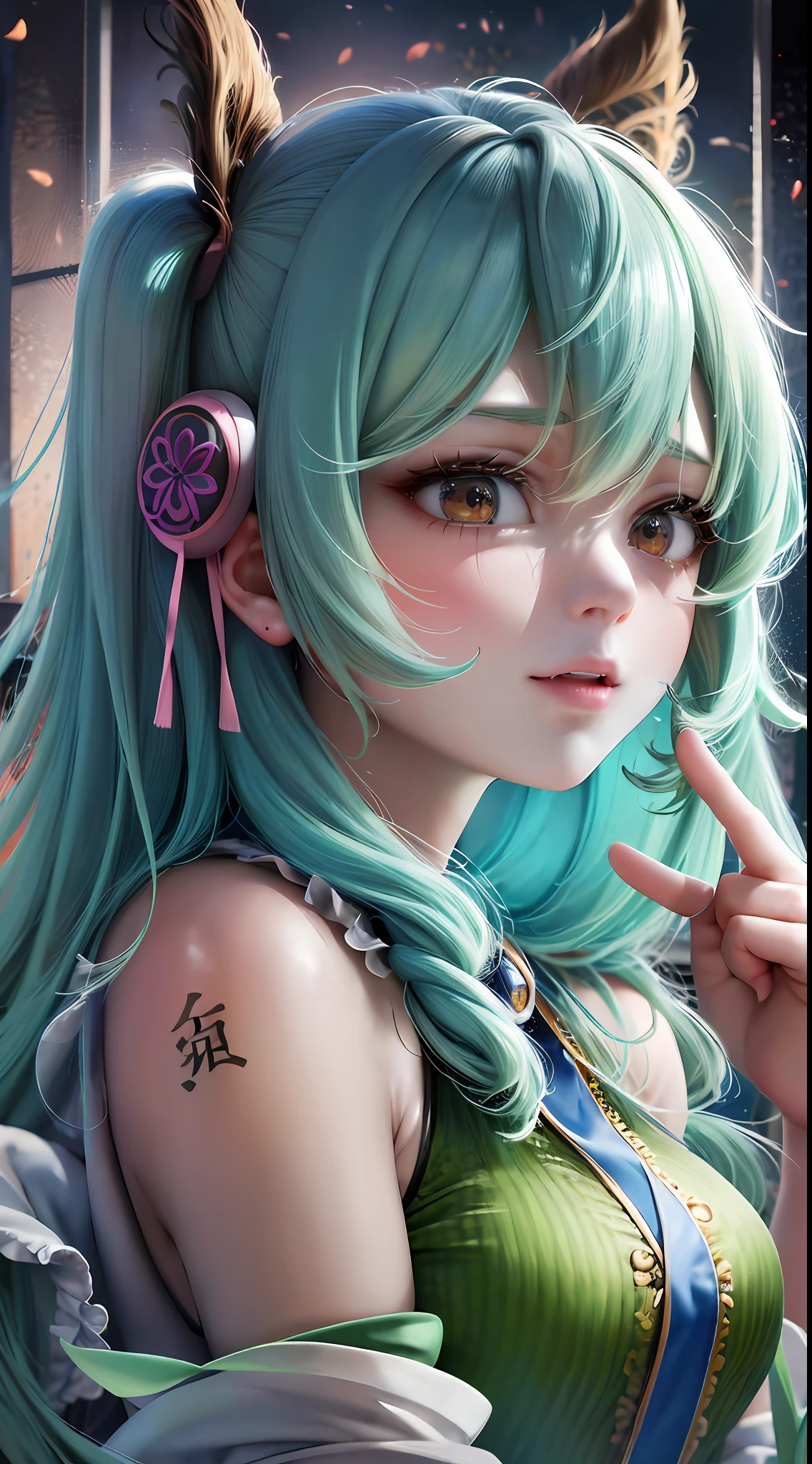 (masterpiece), (best quality), highly detailed, HDR, 1girl, solo focus, skindentation,运动文胸,短裤,连裤丝袜, perfect face, puffy face, beautiful face, big eyes, puffy eyes, perfect eyes, 睫毛,初音未来,极其细致的脸,