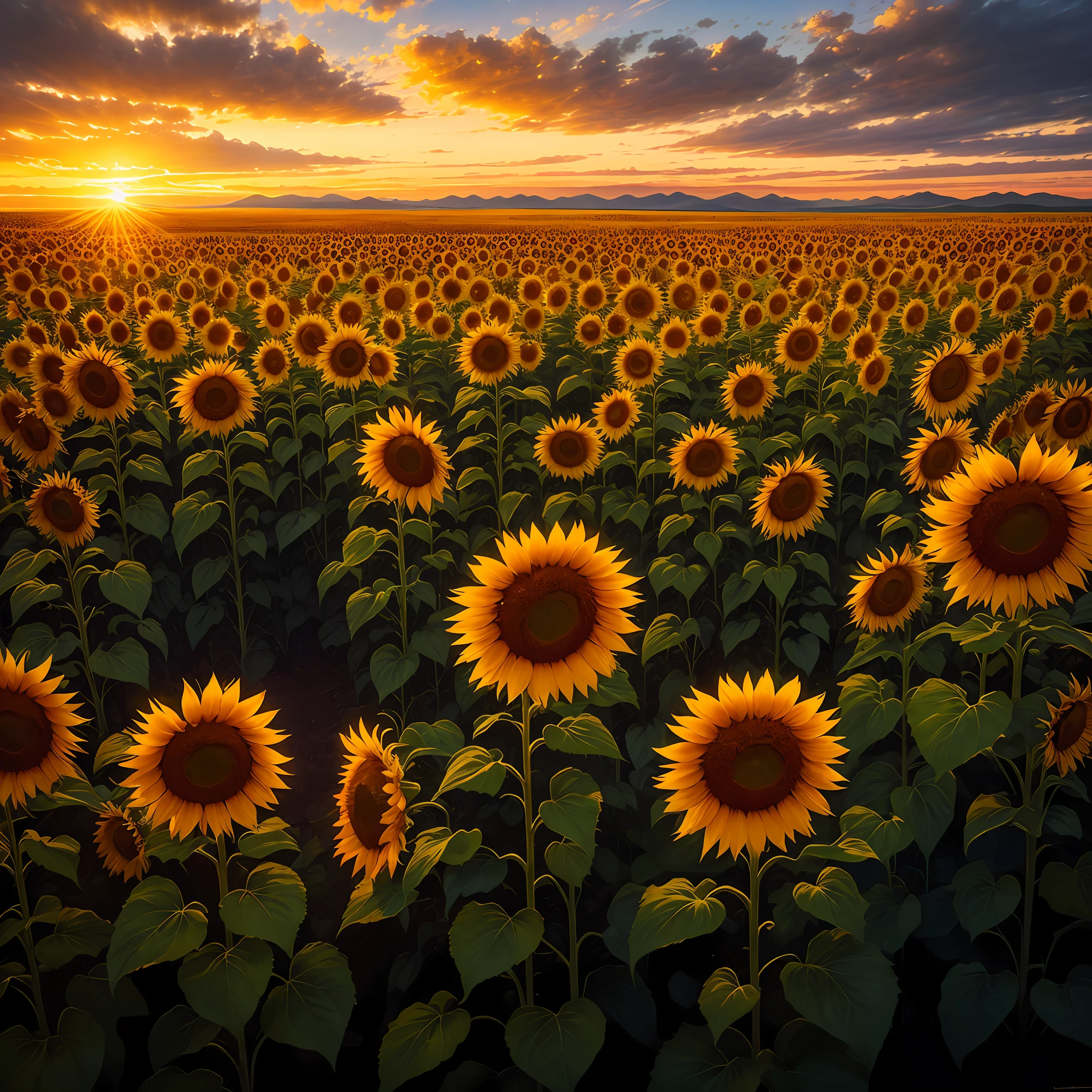 there are many sunflowers in a field with a nightfall in the background, marc adamus, scene: sunflower field, scene : sunflower field, sunflowers, field of sunflowers, sunflower field, colors: yellow sunflowers, colors : yellow sunflowers, golden hour”, fine art print, crystallic sunflowers, national geographic ”, by Marshall Arisman, radiating golden light