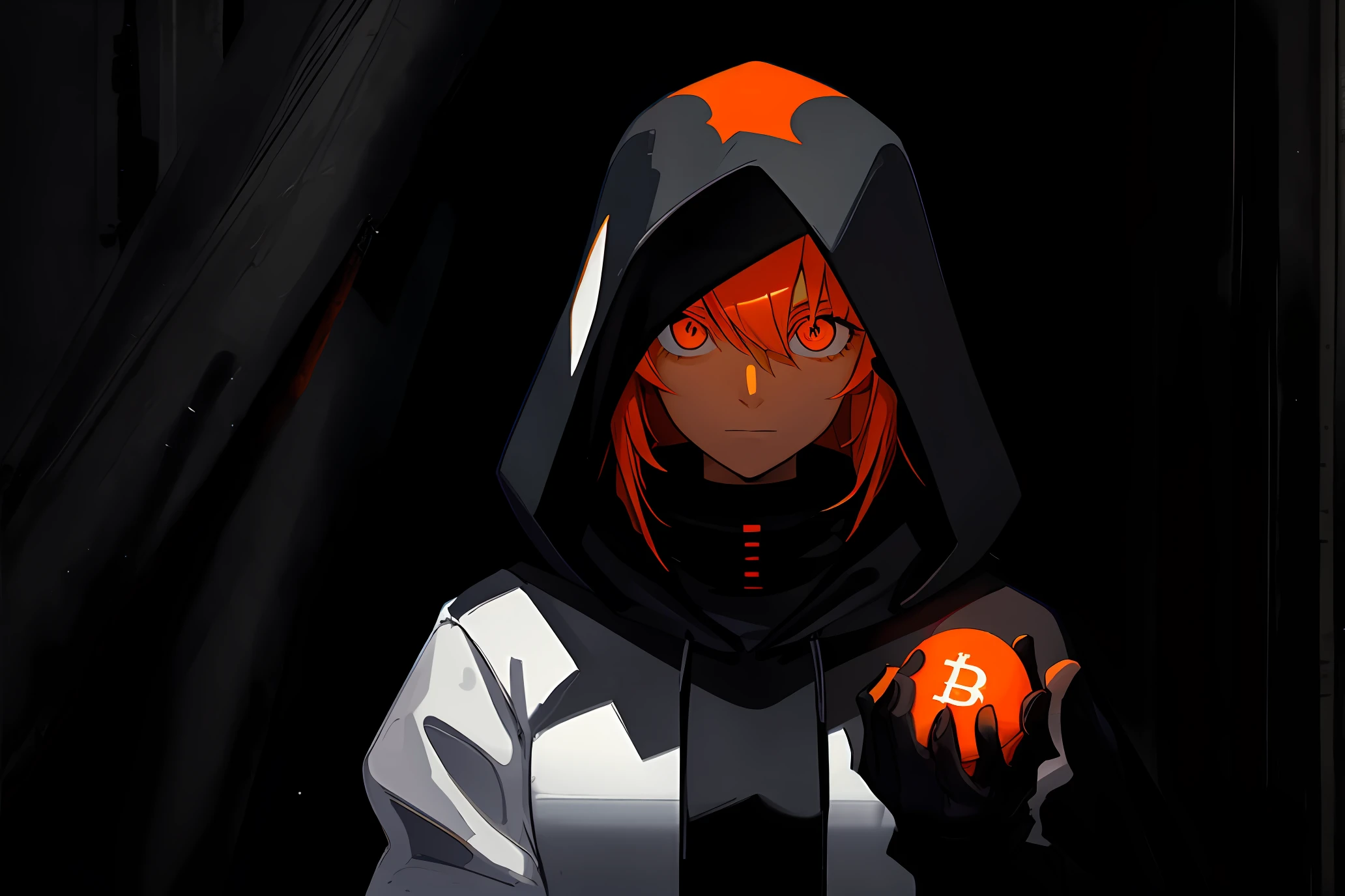 Create a hooded woman in a dark room with orange balls around representing the bitcoin network, and with the dollar collapsing