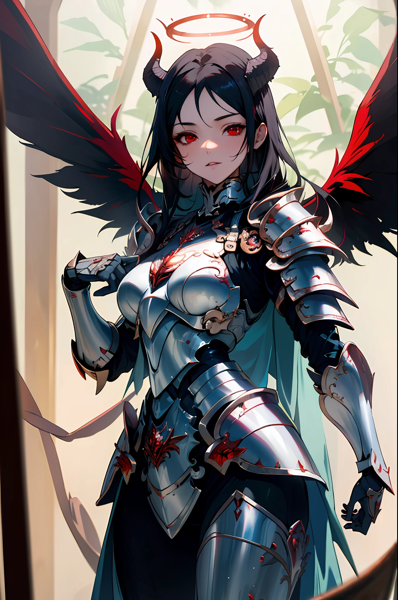 (masterpiece), (best quality), an (elegant lady), (with a halo and wings), a (fallen angel), (black hair), (red eyes), (wearing) (demon armor).