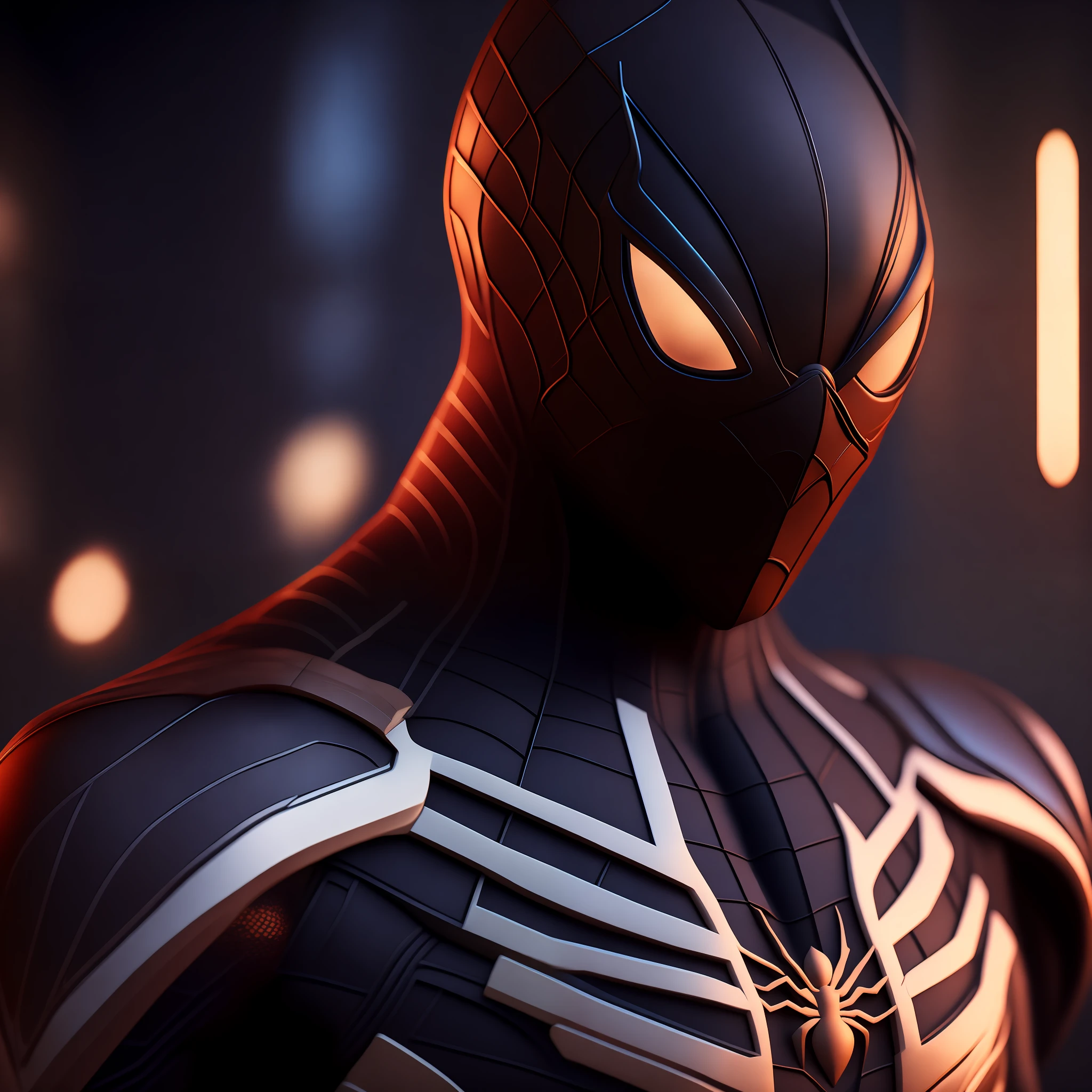 (8k, foto RAW, melhor qualidade, obra-prima: 1.2), ultra detalhado, arte oficial, foto-realista: 1.37, spider man, black suit, spider in the center of your chest in white, organic looking clothing, gooey testura, symbiote, white eyes, fine art, PS5 cinematic screenshot,highly detailed detailed cinematic rendering, ultra photorealistic raytricing, with cinematic lightingpose de ação
