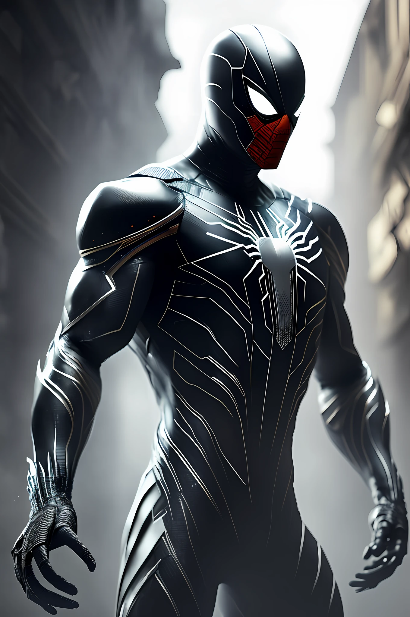 (8k, foto RAW, melhor qualidade, obra-prima: 1.2), ultra detalhado, arte oficial, foto-realista: 1.37, spider man, black suit, spider in the center of your chest in white, organic looking clothing, gooey testura, symbiote, white eyes, fine art, PS5 cinematic screenshot,highly detailed detailed cinematic rendering, ultra photorealistic raytricing, with cinematic lightingpose de ação