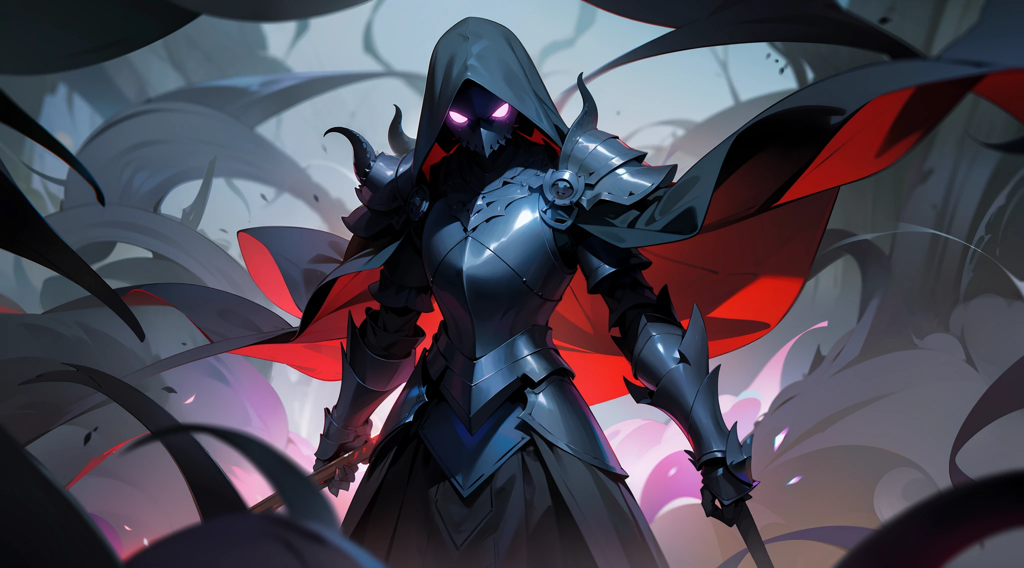 black armor, dark jewels, dark aura, shadowy smoke, horror ambient, surrounded by dark tentacles