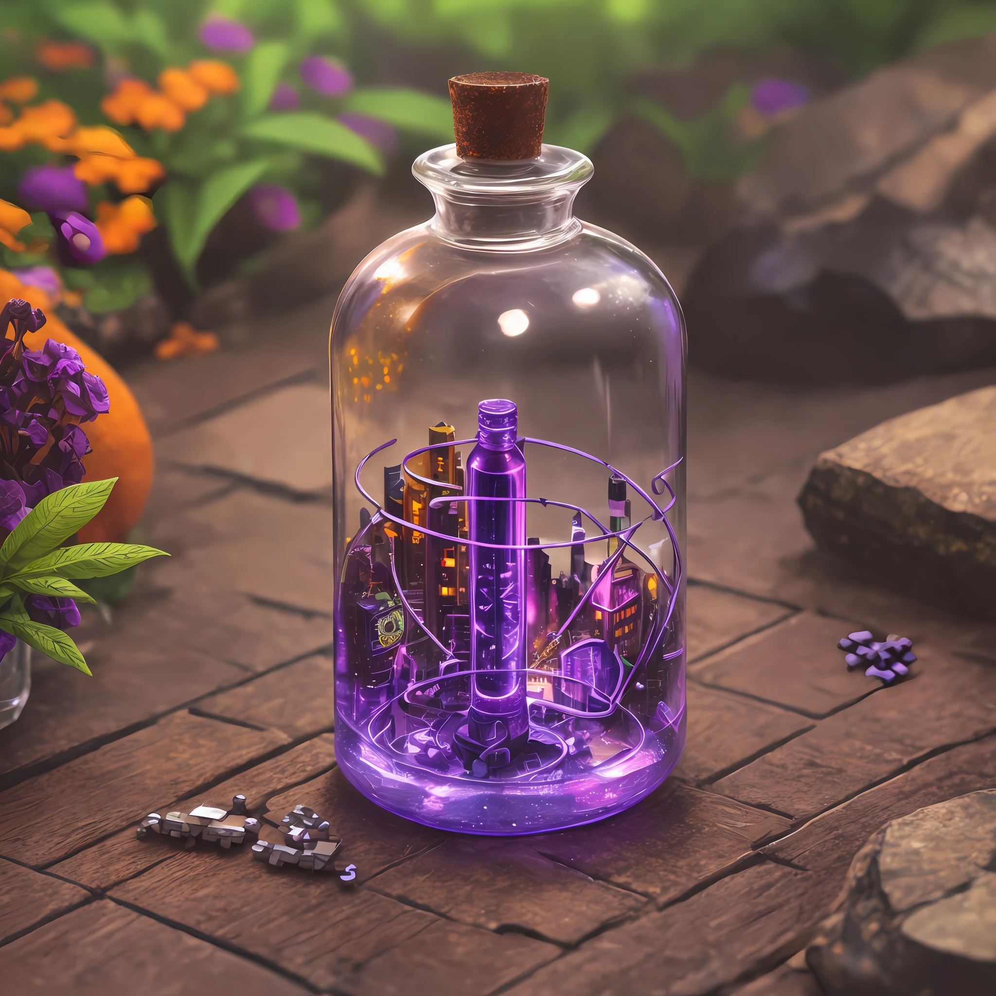 bottle, cyberpunk, puzzle, brazilian, colorful, magic, brown skin, brown skin, 4k, miniature, garden, nature, purple, orange, sketch --auto --s2