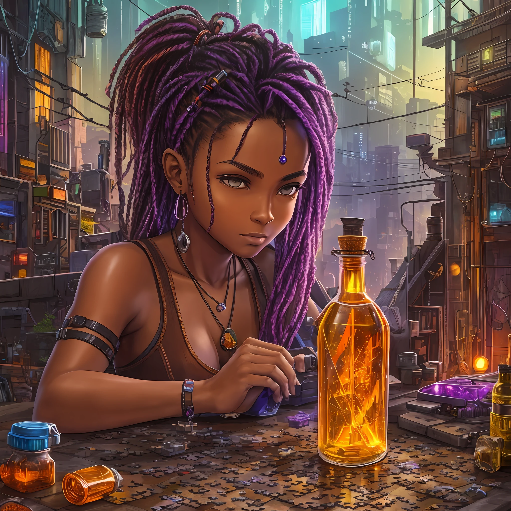bottle, cyberpunk, puzzle, brazilian, colorful, magic, brown skin, brown skin, 4k, miniature, garden, nature, purple, orange, sketch --auto --s2