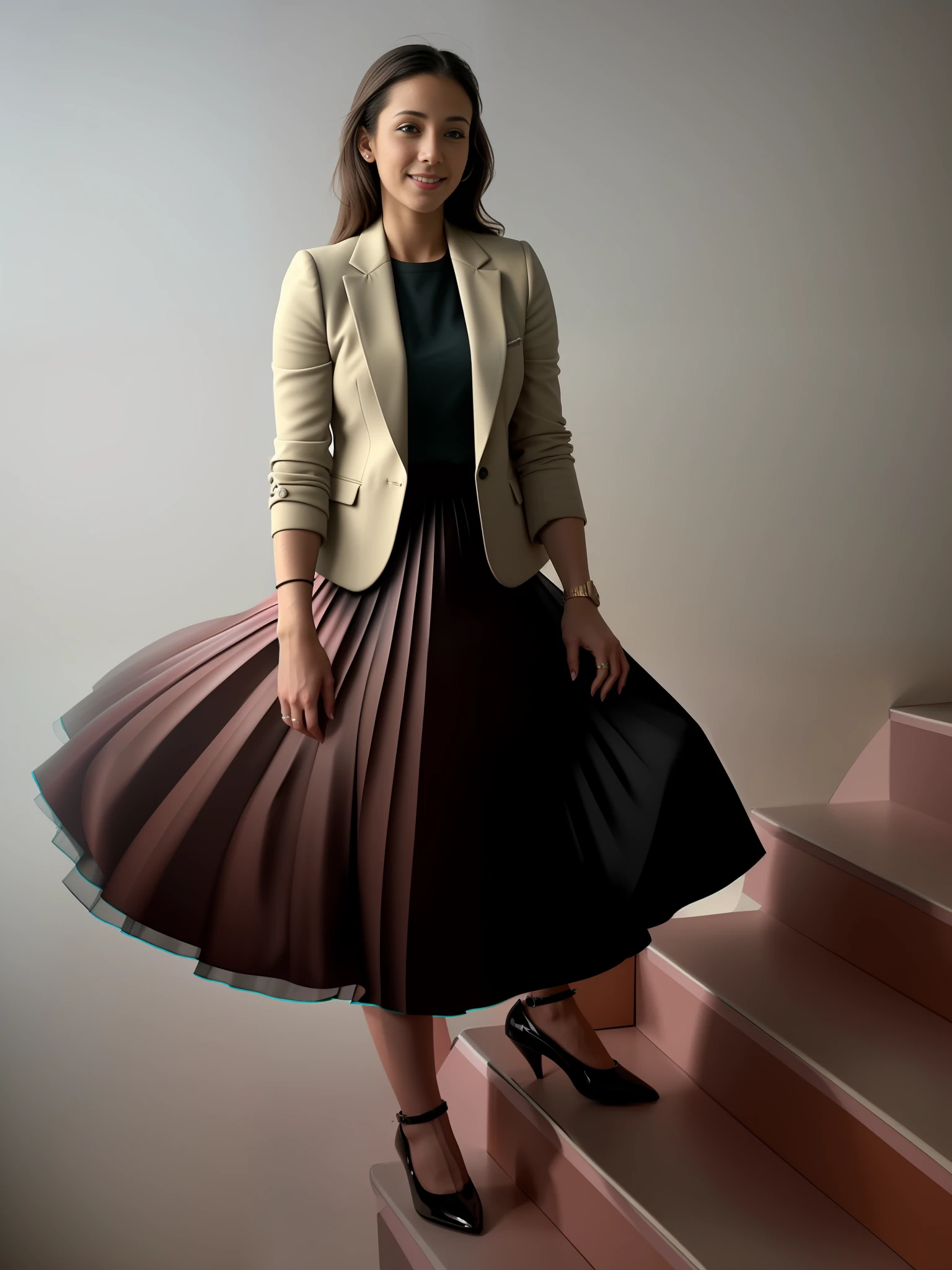35mm f1.4 Kodak portra 400 photograph, extremely high quality RAW photograph, a therapist is playing with her skirt (in a flirting manner:1.3) on a space station, (shy) authentic (kind and tender) lesbian woman wearing a short blazer with a very very detailed (long (fully pleated) full circle skirt) and (simple) low heeled office shoes, very very intricate hyper-detailed symmetric (attractive graceful young feminine face) with (sad, tired) eyes and a (flirty smile:1.3), full of empathy and compassion and love, (pronounced feminine features:1,3), big boobs, large breasts, (highly detailed ultra accurate realistic) hands and fingers, ((windy conditions and wind blowing)), epic composition, highly detailed attributes, highly detailed atmosphere, detailed background, intricate, Exquisite details and textures, highly detailed, deep space station secret operations active background