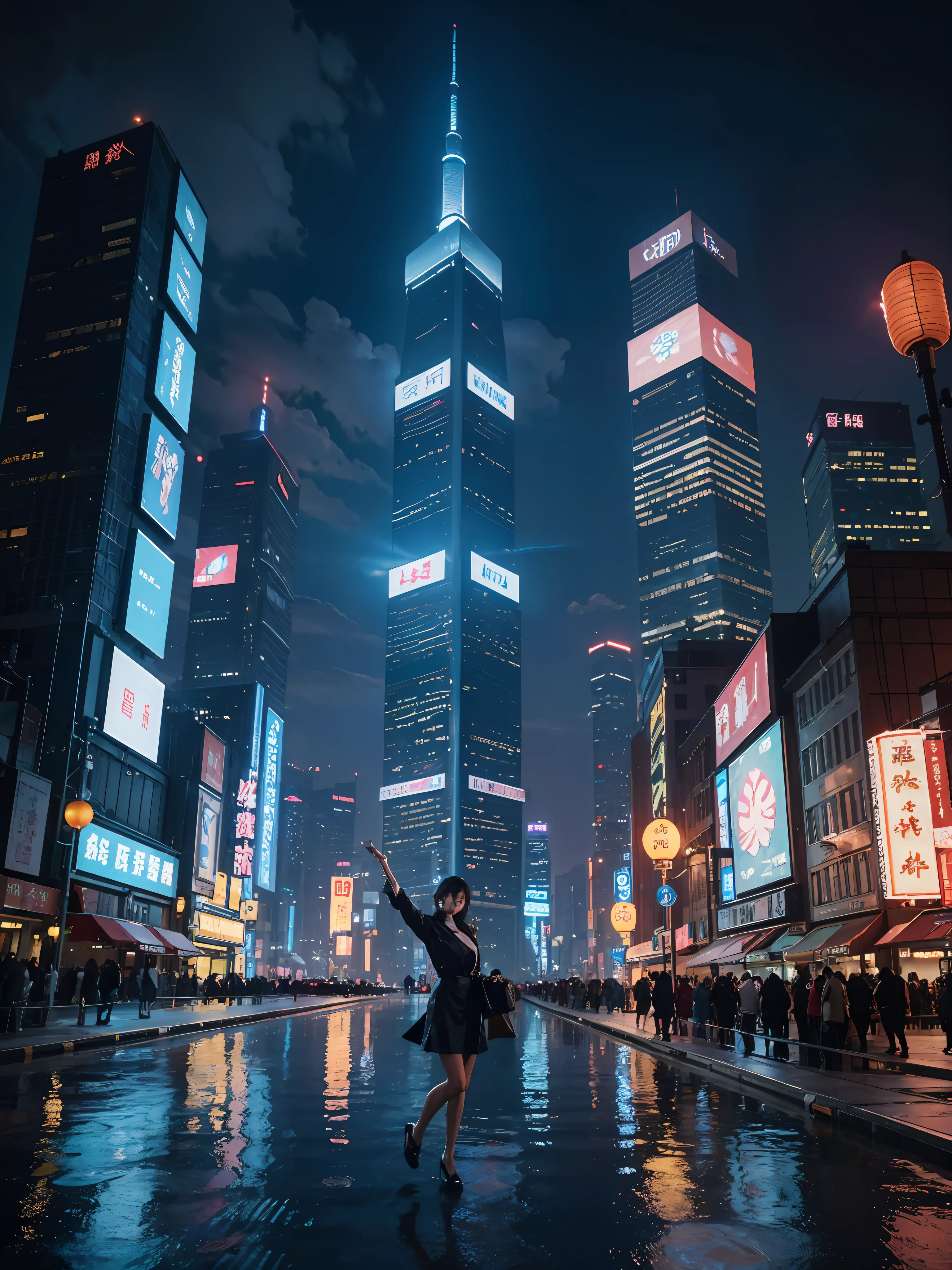 A beautiful girl beckoning in the back, night city skyline view, bright lights, Shanghai city, Shanghai, Chinese New Year in Shanghai, no humans. There are no pedestrians. There are no passers-by. There are no humans. There are no pedestrians. There are no passers-by. The water surface is clean and the reflection effect is beautiful. Visually stunning. beautiful futuristic city, neon big city in background, brightly lit buildings, interesting background, vibrant city lights, hou China, neon city in background, beautiful city, Chinese dream place, skyline display, from china, beautiful cityscape,futuristic cityscape photos, pexels, blue hour photography, skyline display, hou China, night city, skyline, from china, trend, , trends, Chinese dreams, spectacular clouds, fantasy clouds. Part looking to the left, Huancheng, Shanghai Lujiazui. Chinese architecture, Jia Nguyen, Nguyen Jia. The bustling tech building is beyond imagination. Inspired by Shinkai's sought-after concept art and masterpieces on PixiV, vision (wide-angle lens), ultra-high resolution (authenticity: 1.4), ultra-high quality, enhanced detail. Extremely detailed CG Unity 8k wallpapers, aesthetics, award-winning photography, realism, high detail, intricacies, art of travel, realistic 3D animation style, landscape concept art, ultra-high resolution (realism: 1.4), aesthetics, focus, high quality, vivid colors, beautiful reflections, crystal clear water, award-winning photography, 3D lighting and beautiful cinematic lighting. Rich in detail. Remove blur, best quality.