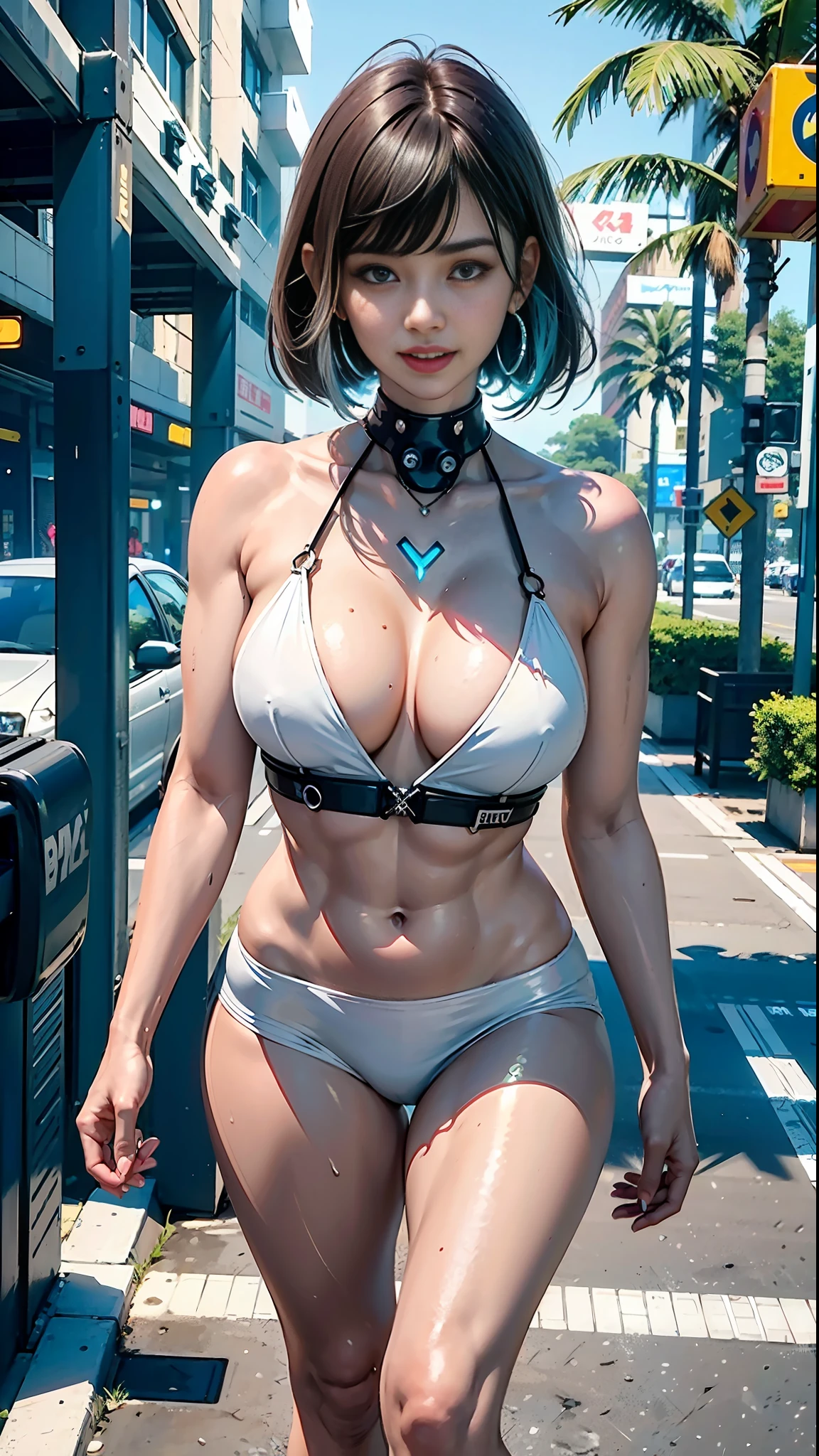 ((Best Quality)), ((Masterpiece)), (High Definition:1.3), 3D, Beautiful (Cyberpunk:1.3), Morning Black Beach, Palm Trees, Corporate Logo, HDR (High Dynamic Range), Ray Tracing, NVIDIA RTX, Super Resolution, Unreal 5, Subsurface Scattering, PBR Texturing, Post-Processing, Anisotropic Filtering, Depth of Field, Maximum clarity and sharpness, multi-layer textures, albedo maps and specular maps, surface shading, accurate simulation of light-material interactions, perfect proportions, octane rendering, two-tone lighting, low ISO, white balance, rule of thirds, wide aperture, 8K RAW, efficient subpixel, subpixel convolution, luminescent particles, smiling smile, Slouching pose, yellow lip grease, earrings with large heart shapes, glowing piercings, lips thick, sweating heavily, wet floor, tattoos, hair color two-tone, tongue, brown skin, lens flare, foggy, horizontal bangs, cropped bob cut hair, calves muscular, shoulders muscular, gentle, butterflies flying, leaking, background precisely reproduced, walking, Full body shooting, it's raining,