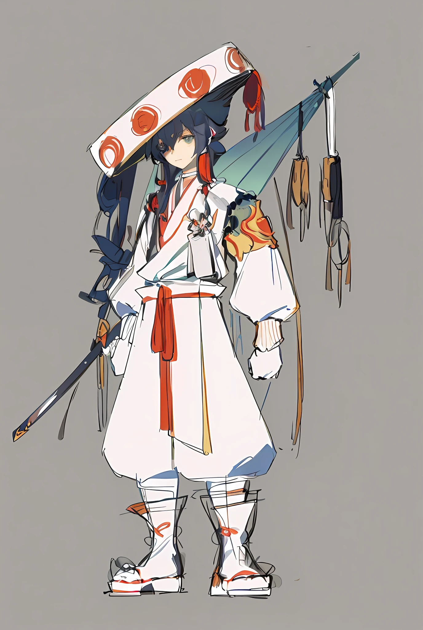 anime character dressed in white with a red and white hat and a sword, [ character design ], interesting character design, anime character design, anime concept art, full body concept, ( ( character concept art ) ), great character design, sengoku - era art style, concept artstyle, zerochan art, demon slayer rui fanart, onmyoji detailed art, character design art